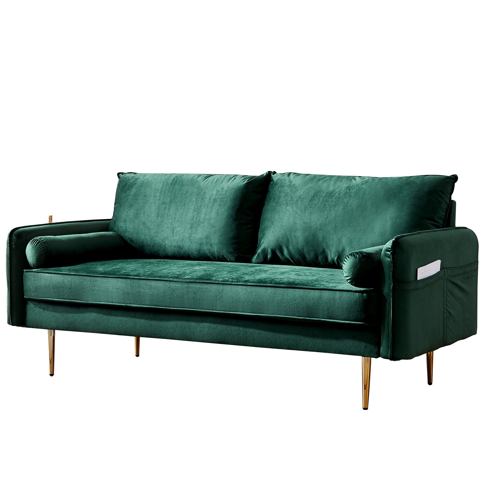 Velvet Fabric Convertible Futon Sofa with Armrest Pocket and Cushions