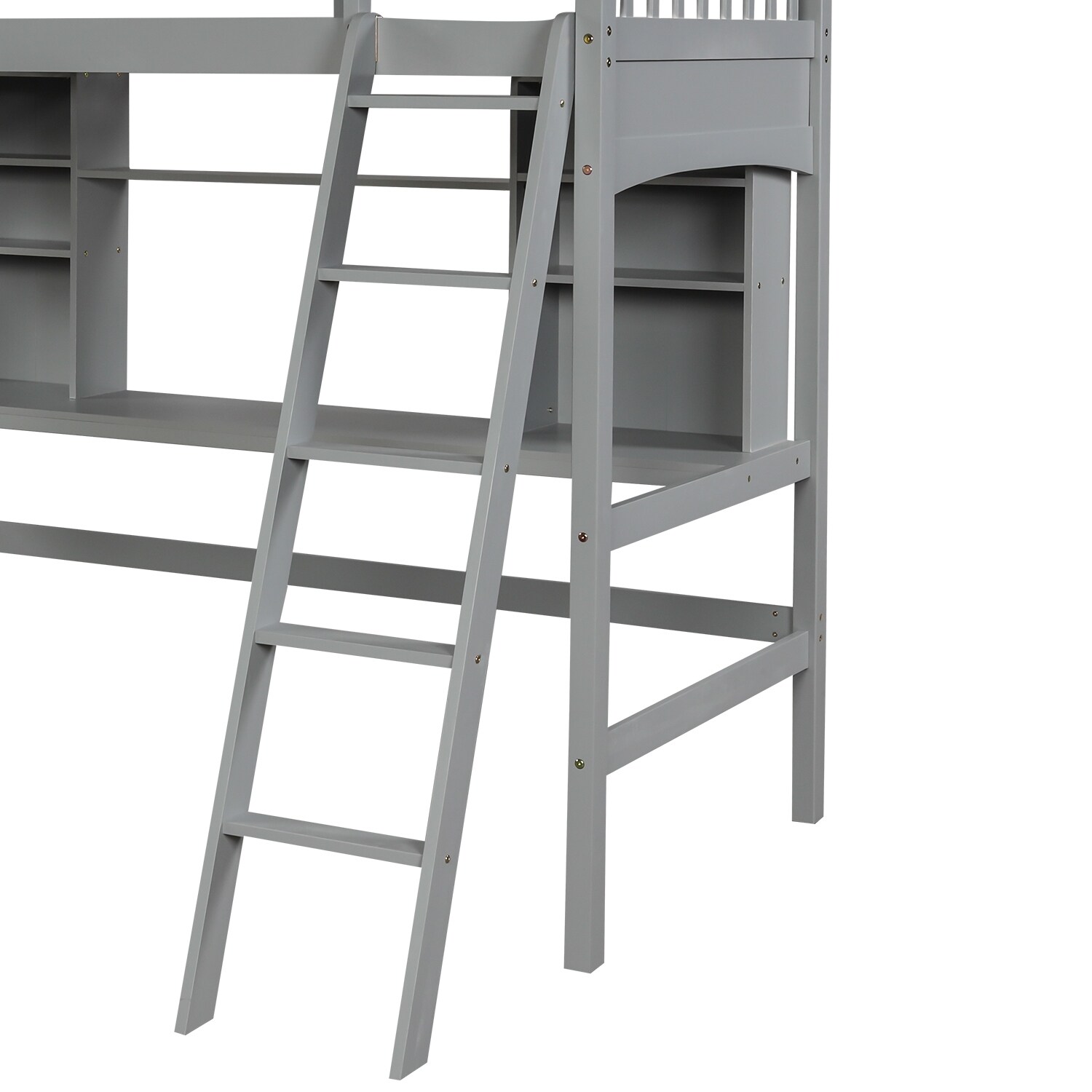 Twin size Loft Bed with Storage Shelves, Desk and Ladder, White