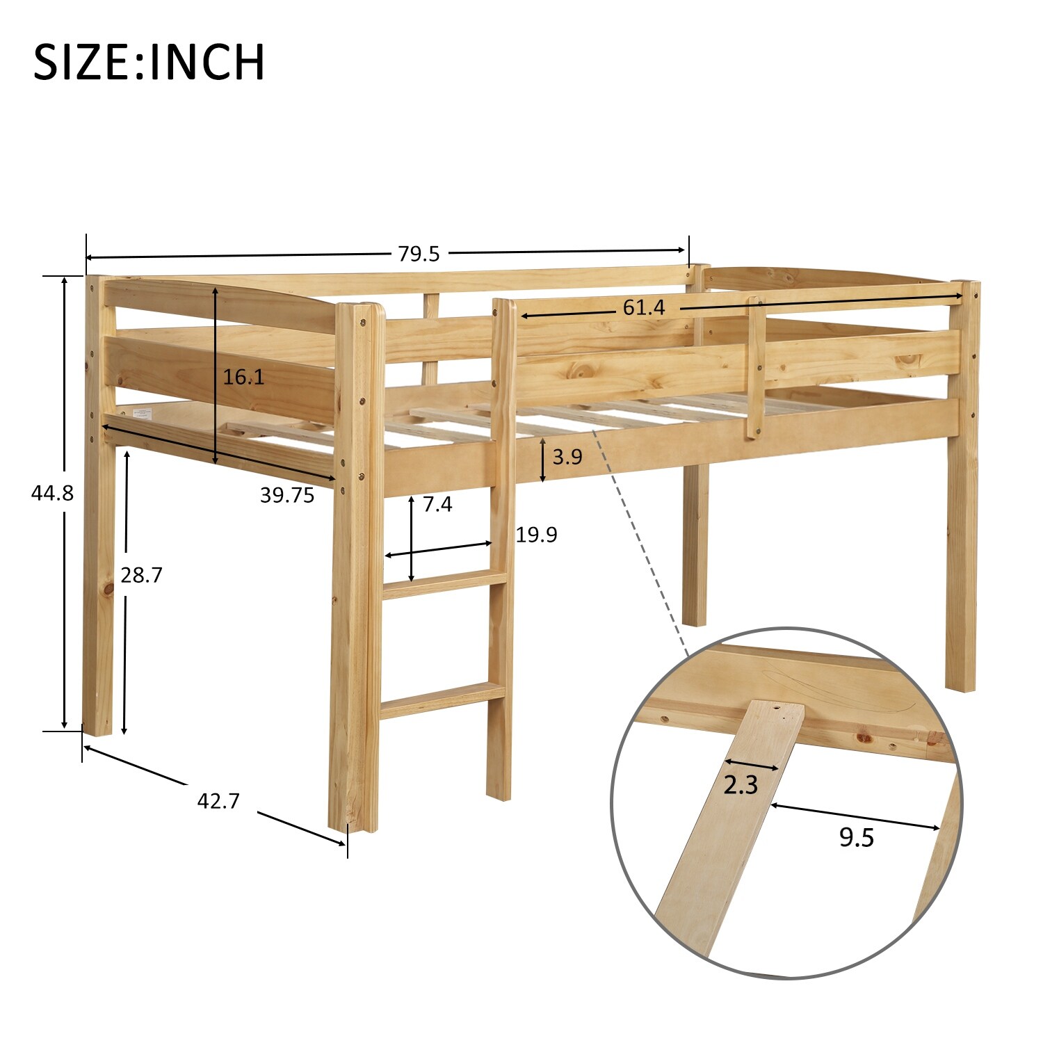 Twin Wood Loft Bed Low Loft Beds with Ladder,Twin,Walnut