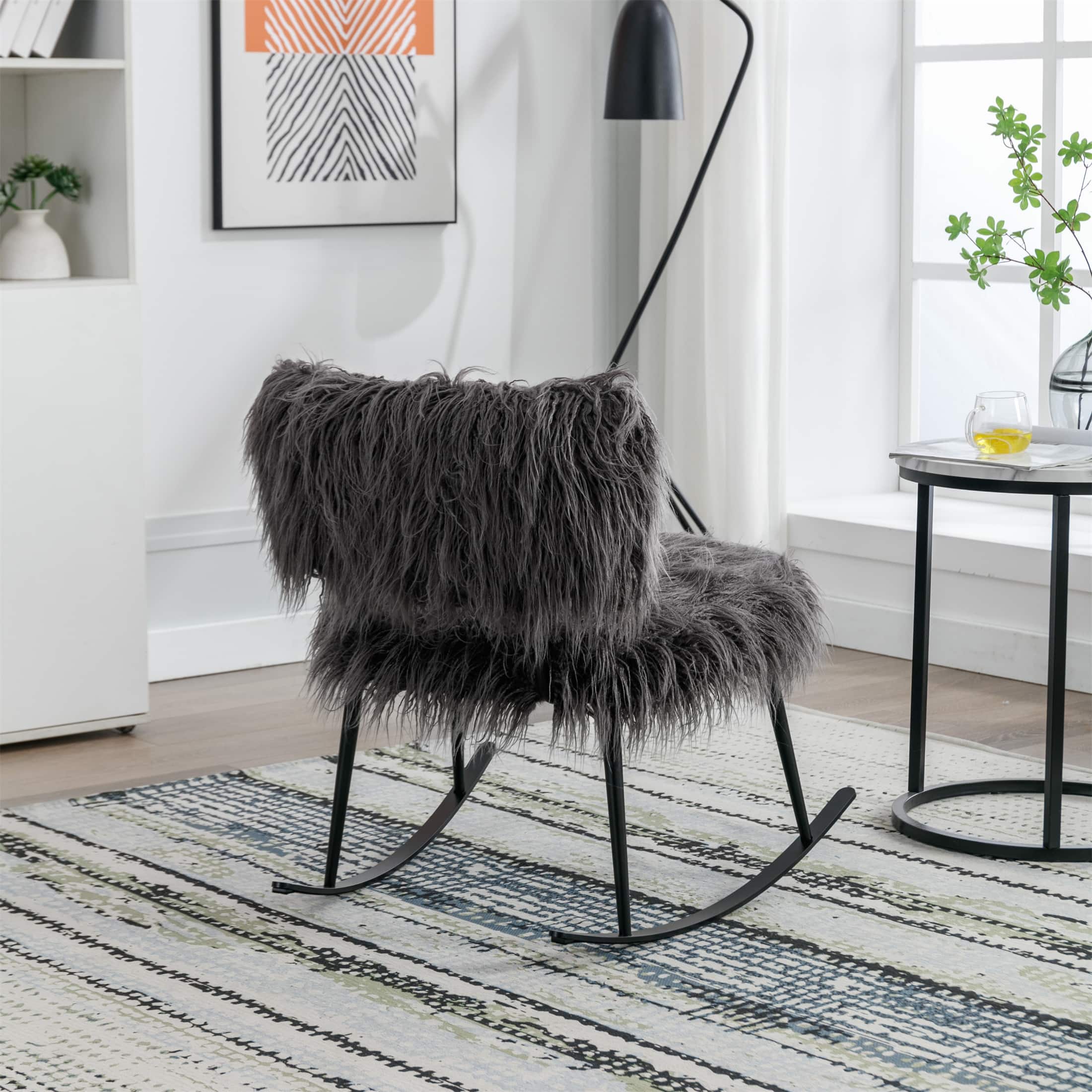 Modern Faux Fur Plush Nursery Rocking Chair for Living Room