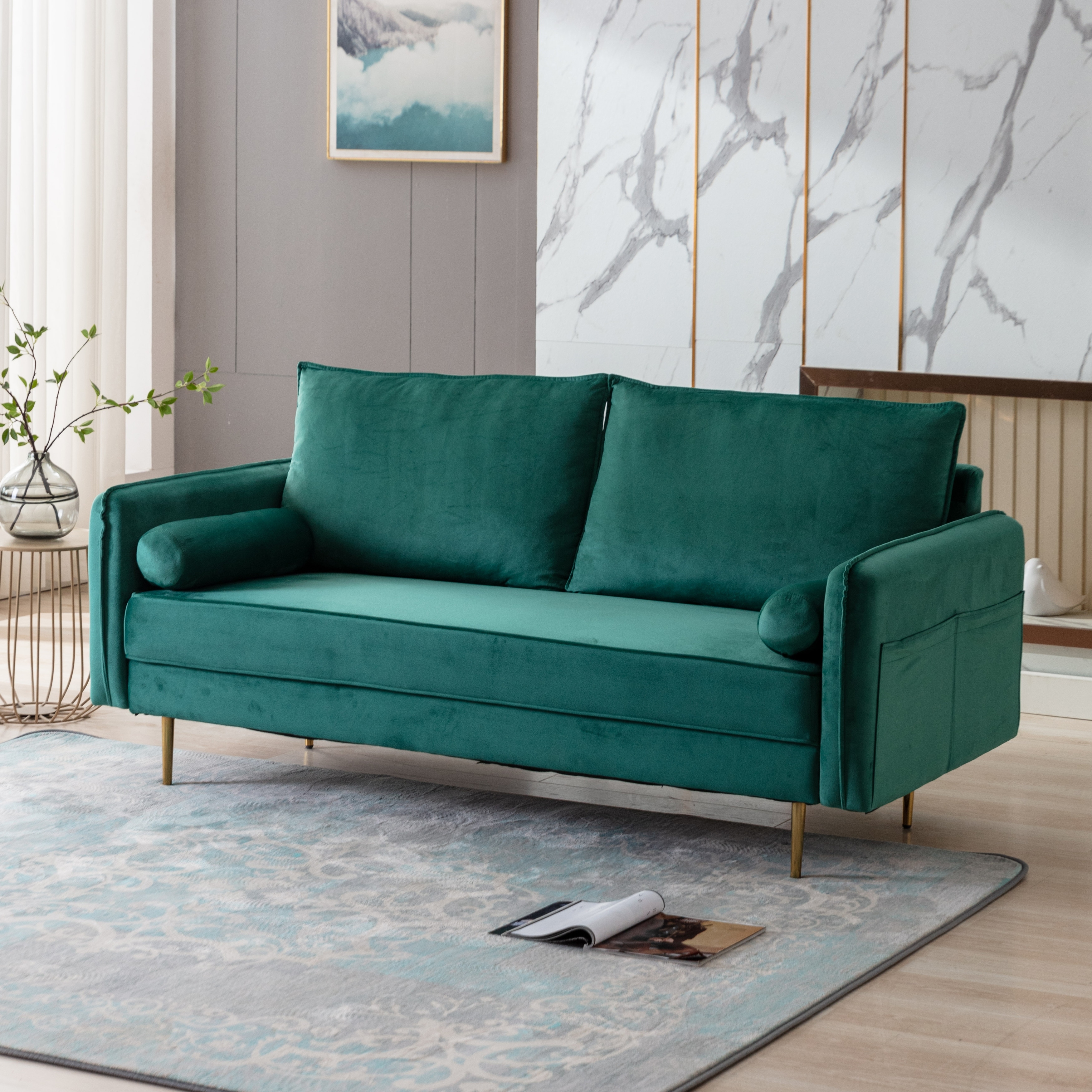 Modern Velvet Fabric Sofa Removable Back Loveseat Sofa with Side Pocket Sofa and Tapered Legs for Living Room