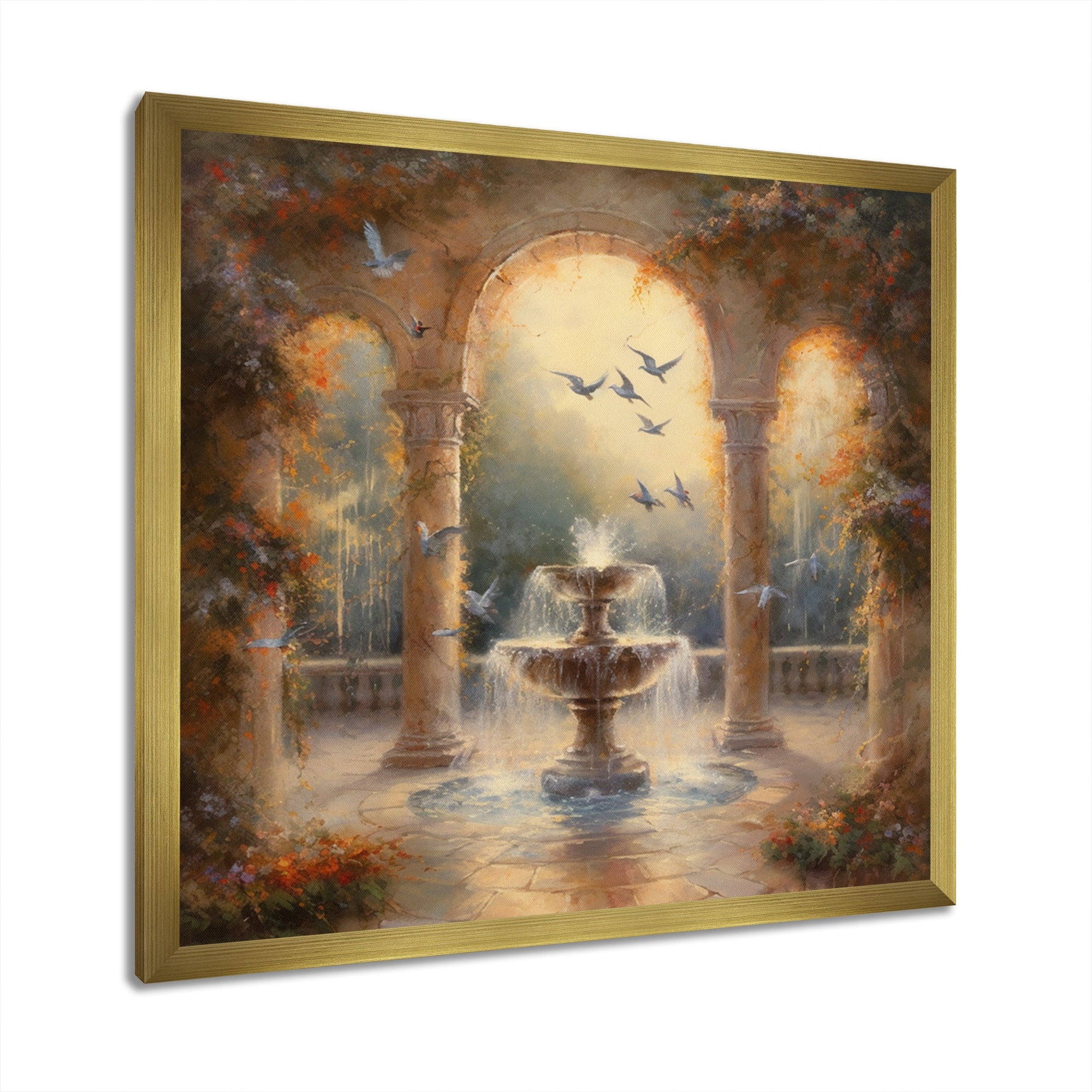 Designart "Floral Fountain And Birds Vi" Floral Framed Wall Art Prints