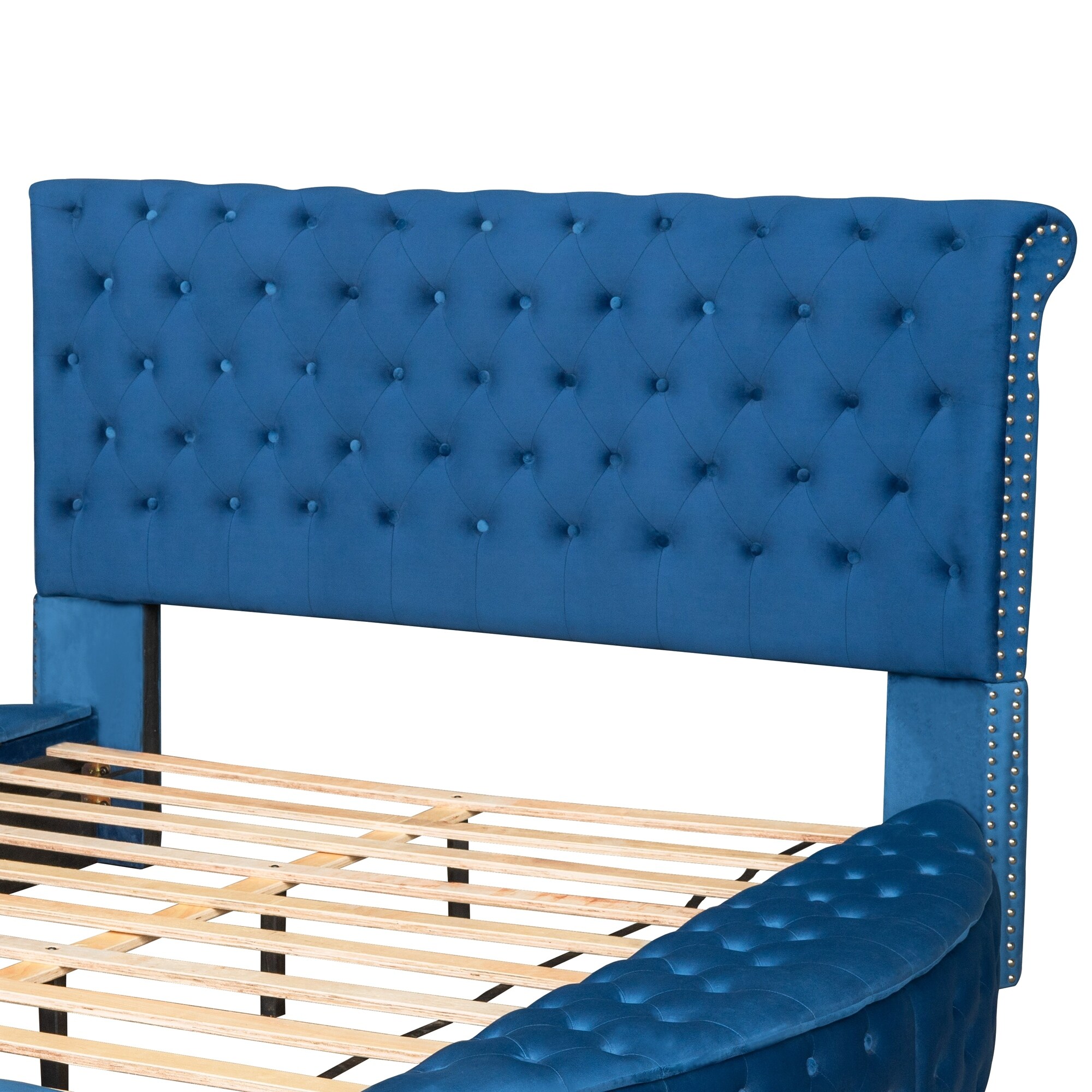 Velvet Storage Platform Bed, Cushioned Headboard, Hidden Space, Full Size