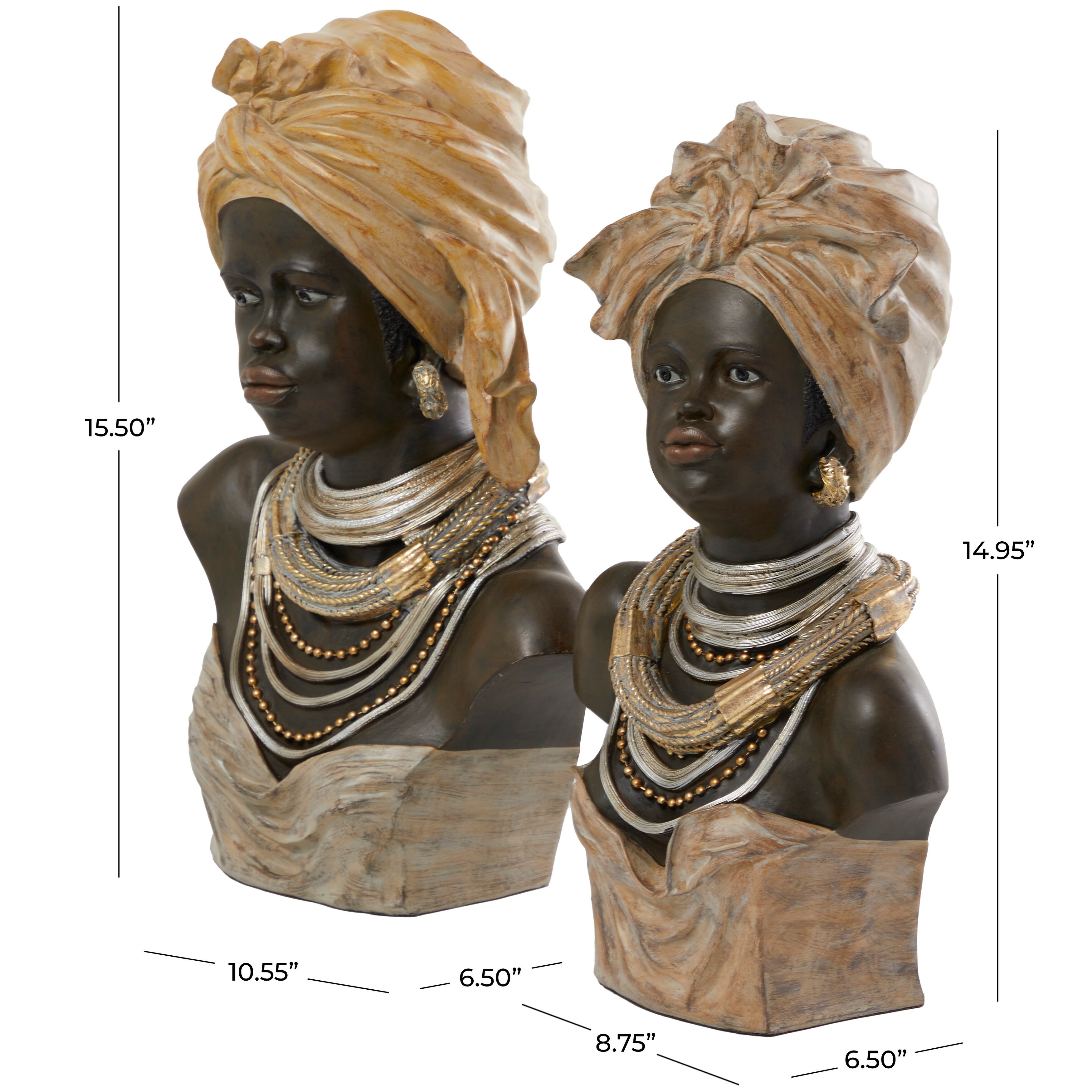 Dark Brown Resin African Woman Sculpture with Beige Decorative Dresswear and Accessories (Set of 2)