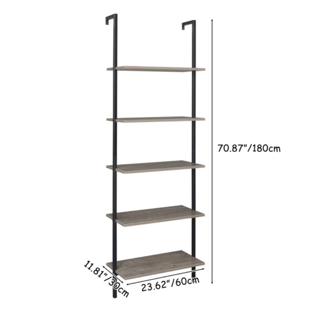 5-Shelf Wood Ladder Bookcase with Metal Frame, Industrial 5-Tier Modern Ladder Shelf Wood Shelves,Grey