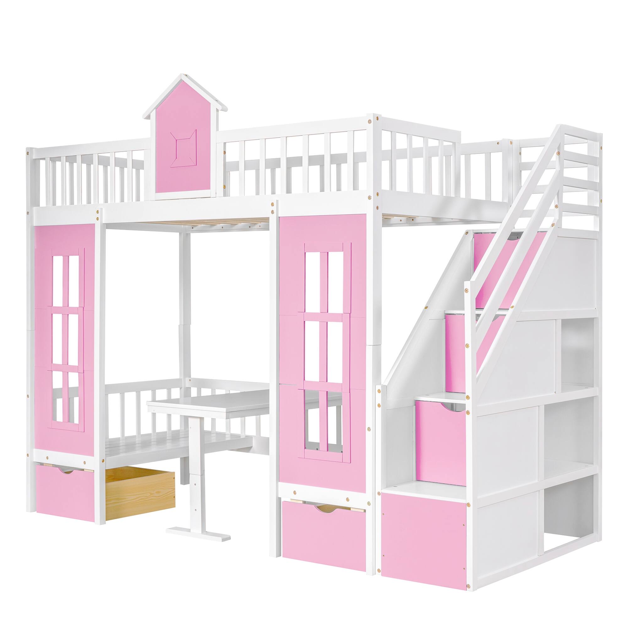 Playhouse Twin Bunk Bed with Changeable Table, Convertible Upper Bed, Down Desk