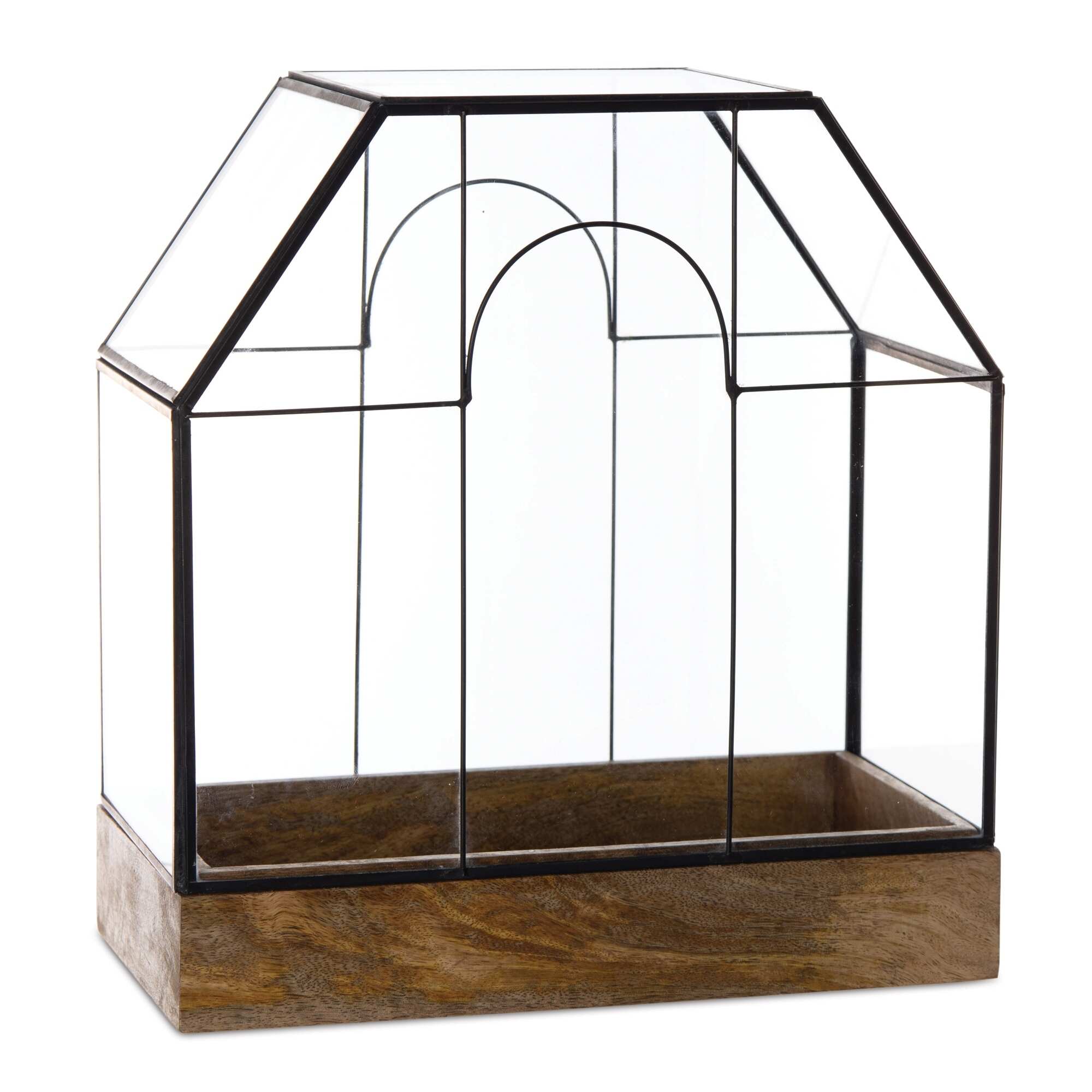 12.75" Brown and Black Glass Tabletop Terrarium with Wood Base