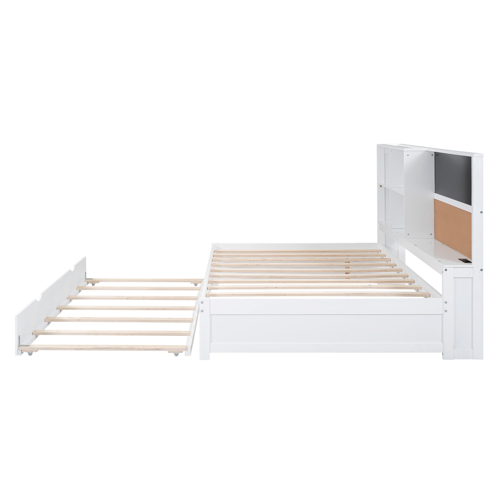 Full Wooden Daybed with Storage Shelves, Blackboard, Cork Board, USB Ports and Twin Trundle, White