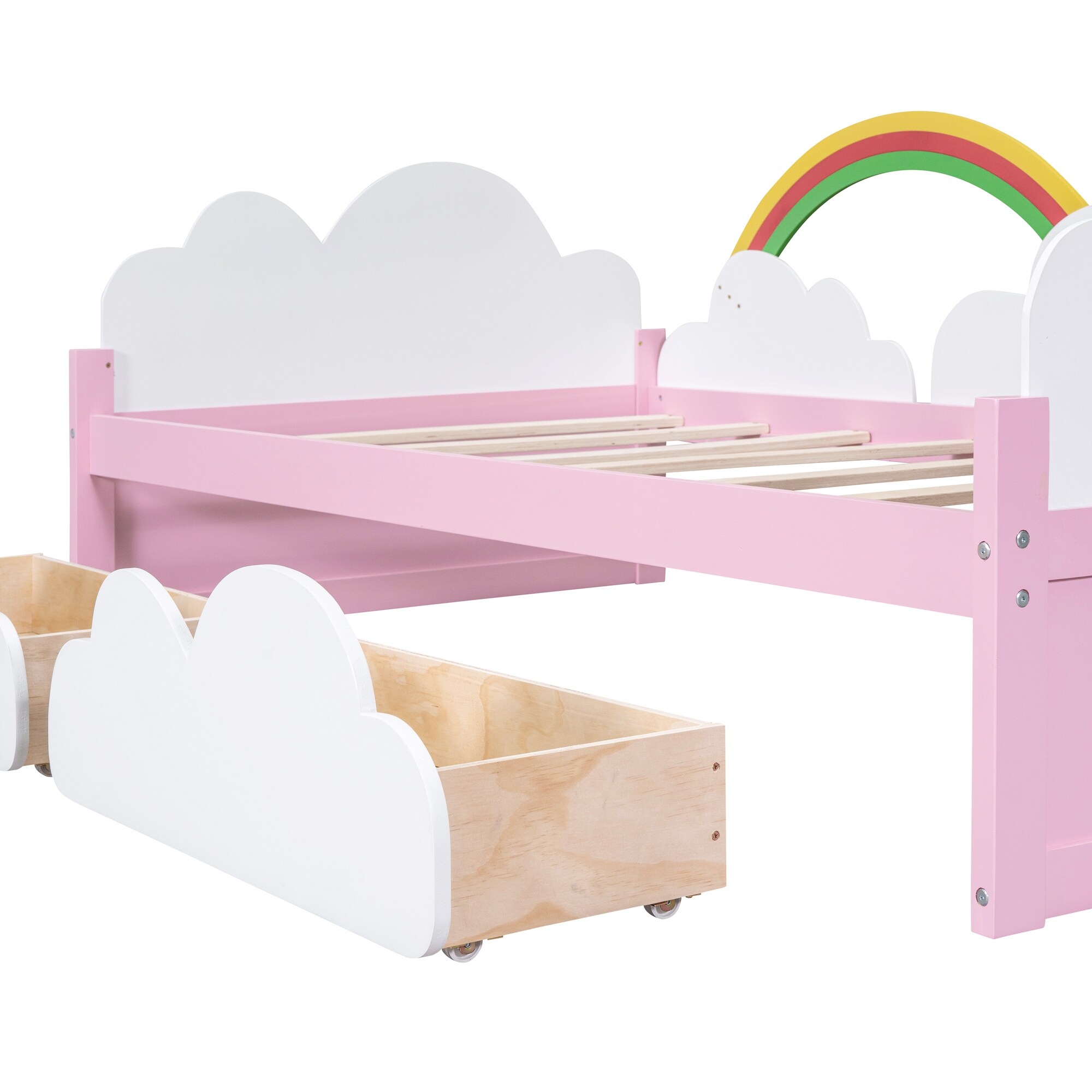 Twin Size Daybed with 2 Storage Drawers, Wood Storage Platform Bed Frame with Clouds & Rainbow Decor for Kids Girls Boys, Pink