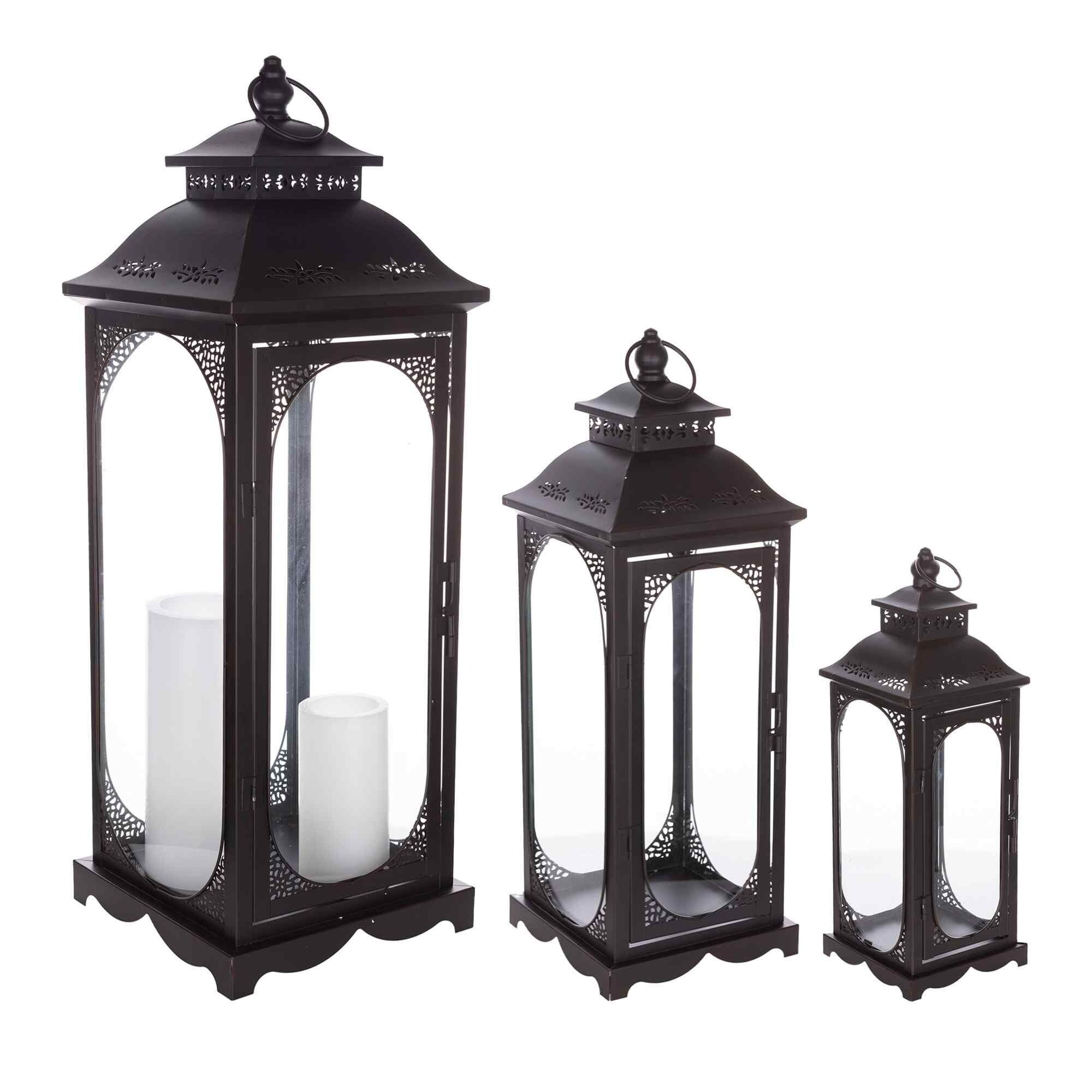 Set of 3 Black Traditional Punched Candle Lanterns 28"