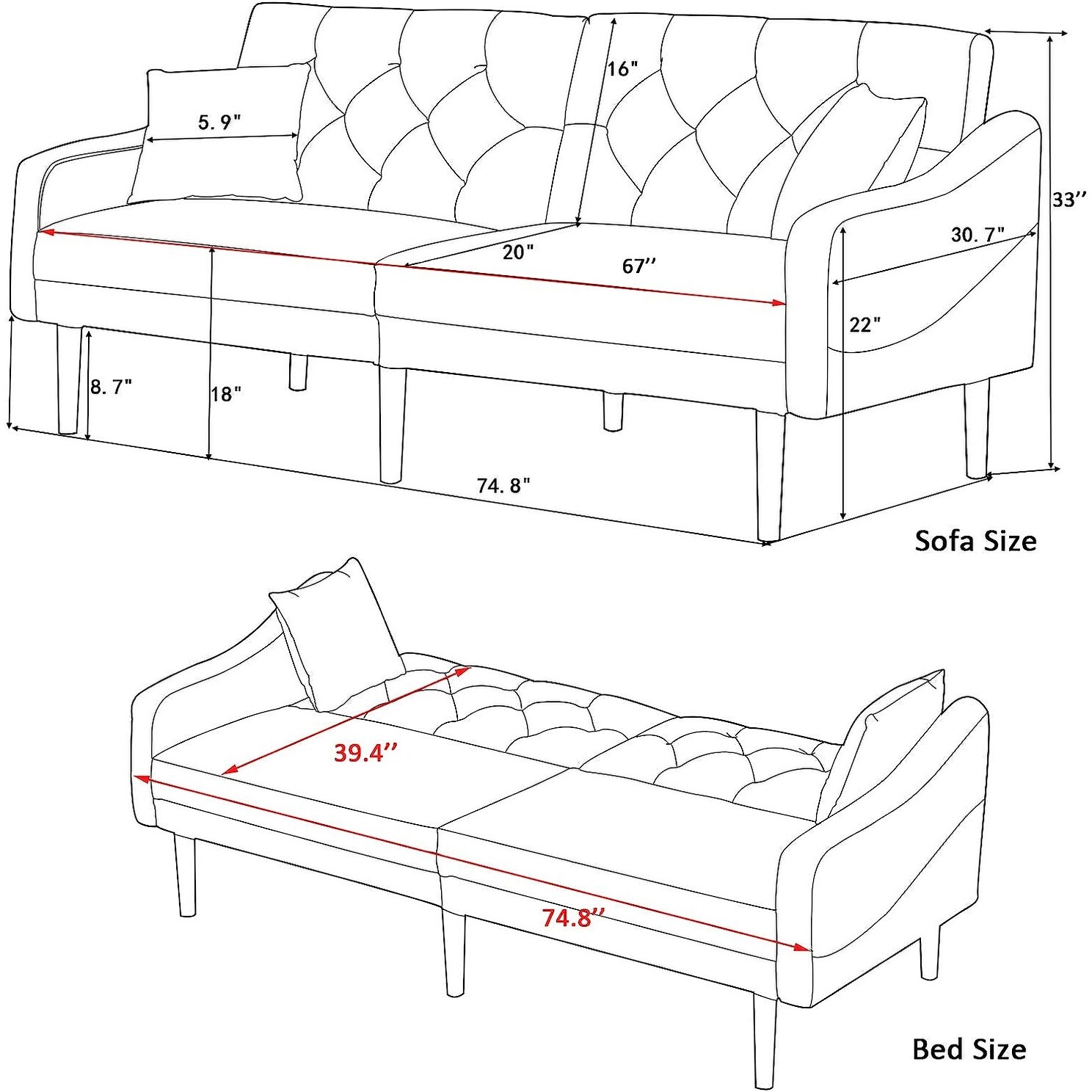 Futon Sofa Bed Convertible Couch Bed with Armrests