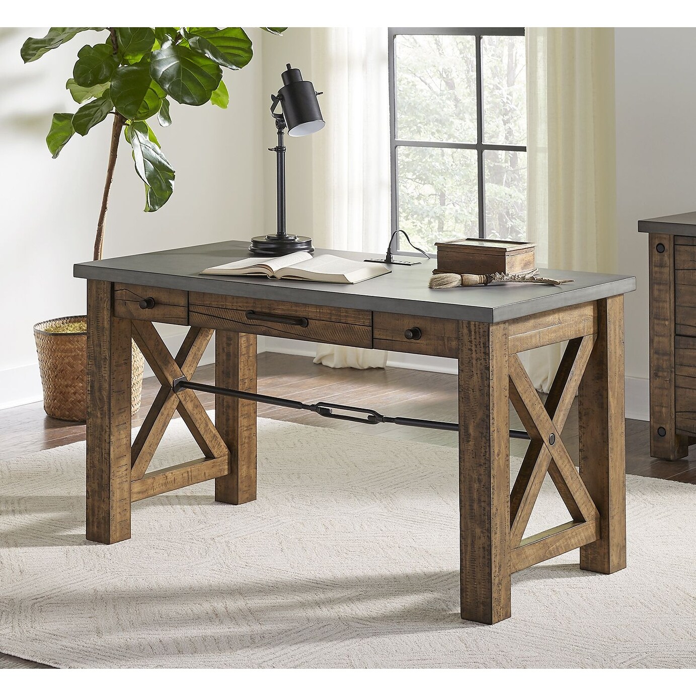 Rustic Writing Desk, Writing Table, Office Desk, Brown With Concrete Top