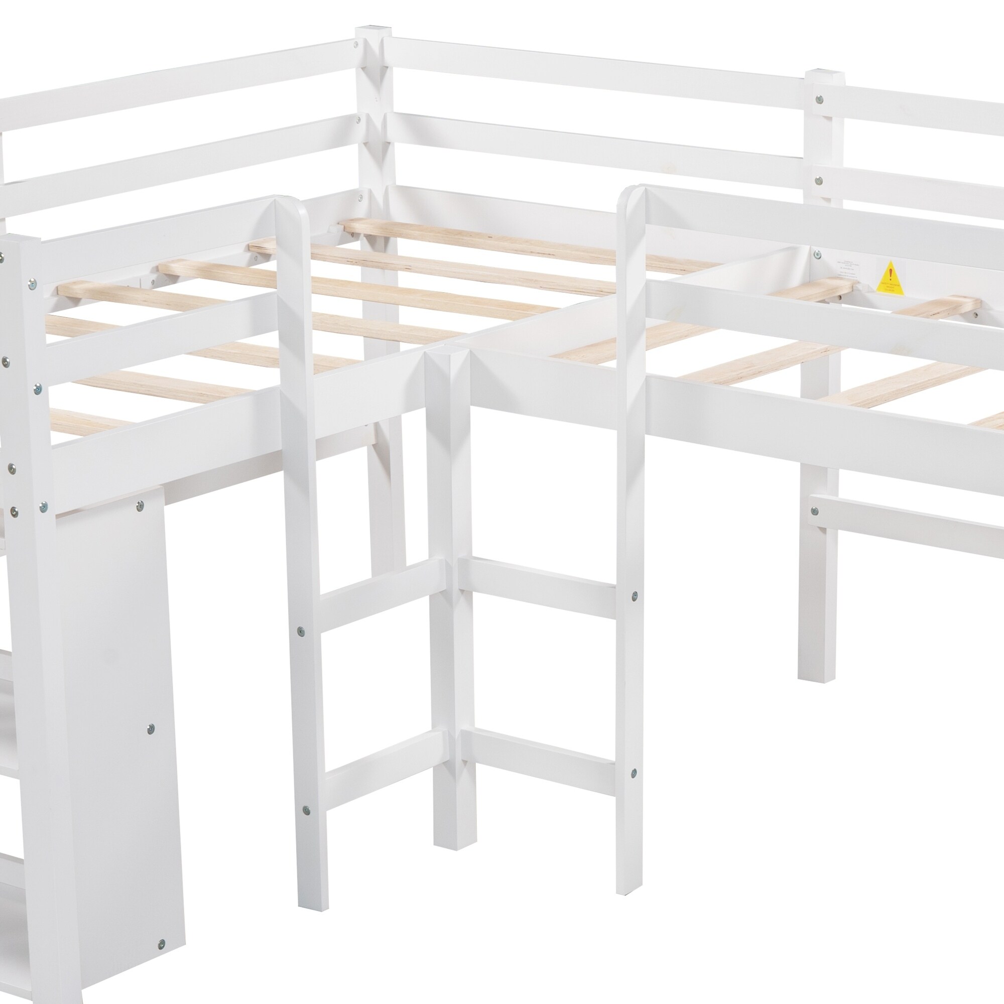 L-Shaped Twin Size Loft Bed with Movable Storage Shelves and Slide, for Children's Rooms (2 Beds)