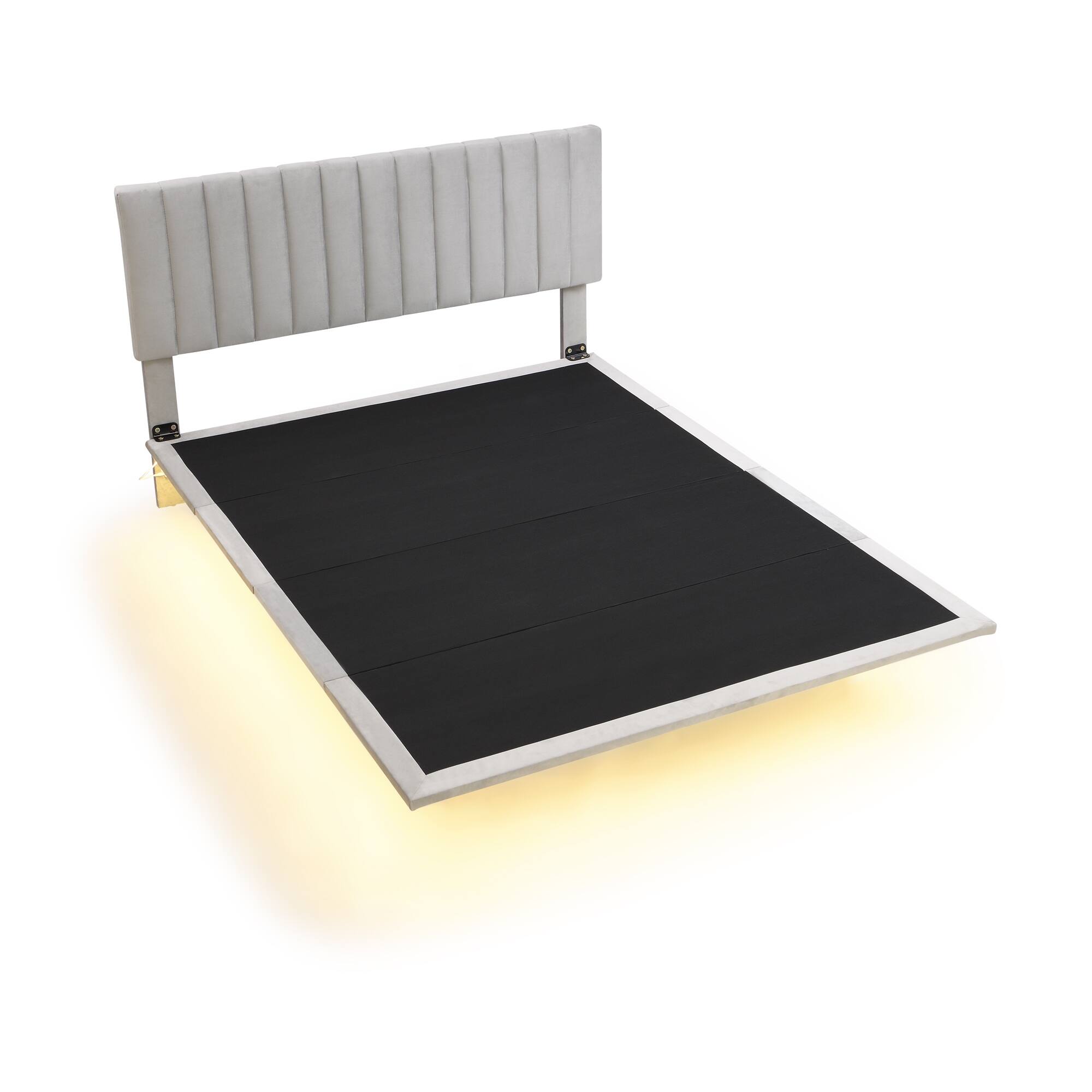 Queen Size Upholstered Bed with Sensor Light and Headboard, Floating Velvet Platform Bed
