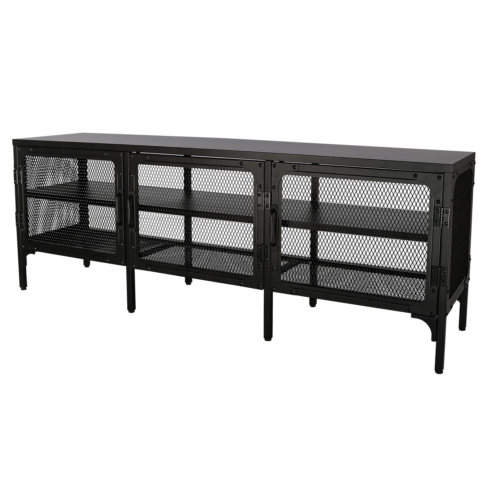 Elegant Black Metal TV Stand for 65-Inch TV, Clutter-Free 2-Tier Console Table with Mesh Doors and Cable Management