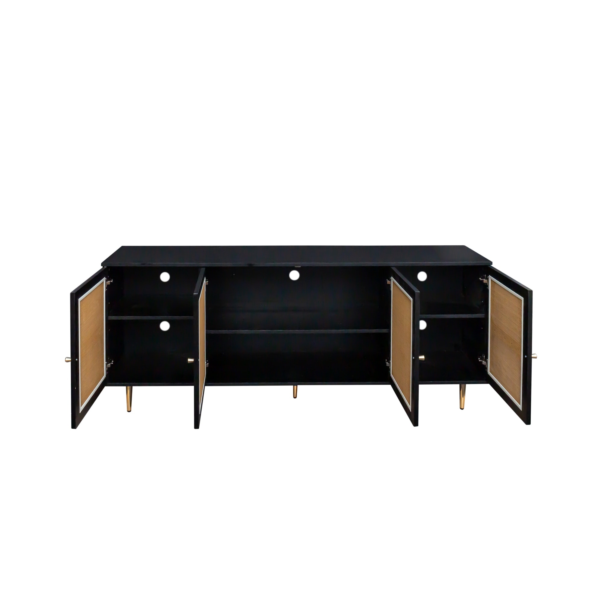 Black Rattan TV Stand, Sideboard Buffet Cabinet with Adjustable Shelves, Spacious Storage