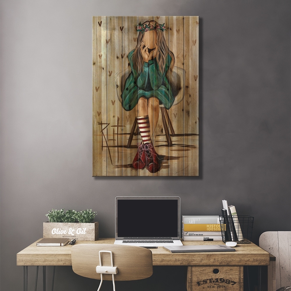 Girl With Striped Socks Print On Wood by Rut Art Creations - Multi-Color