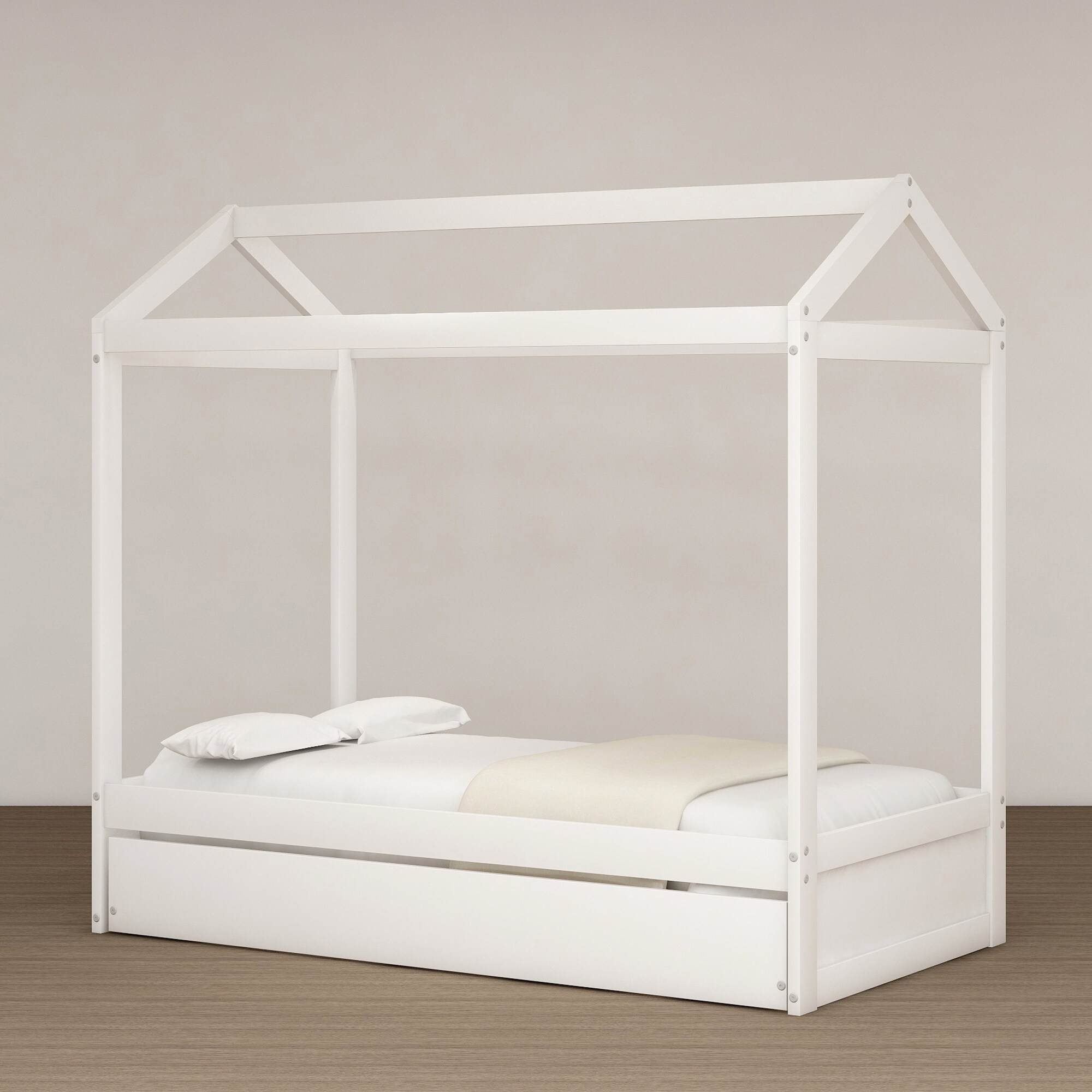 Twin Size House Bed with Twin Trundle, Customizable for Kids to Express Their Own Themes, Canopy Bed Made of Solid Wood