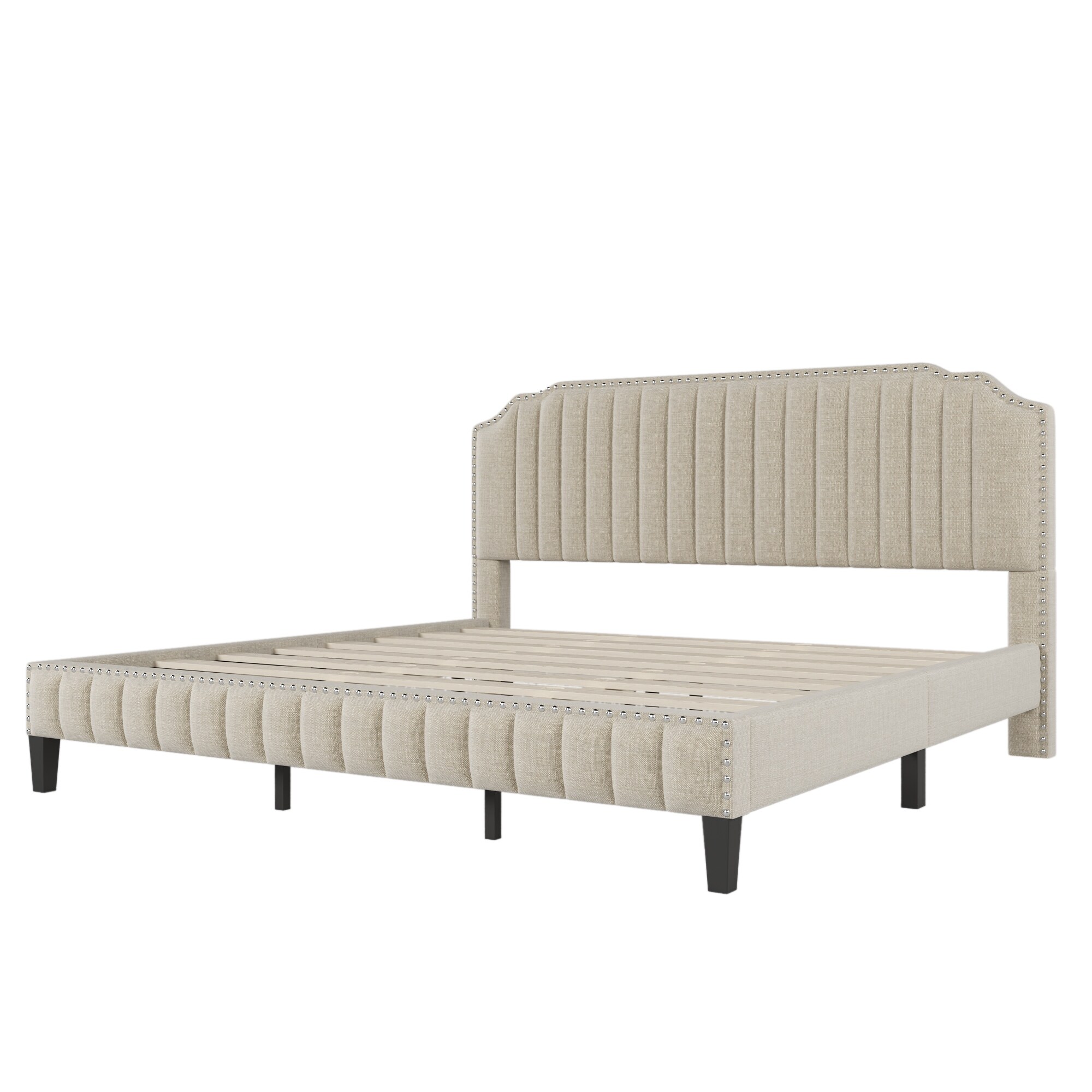 Modern Upholstered Platform Bed,Nailhead Trim