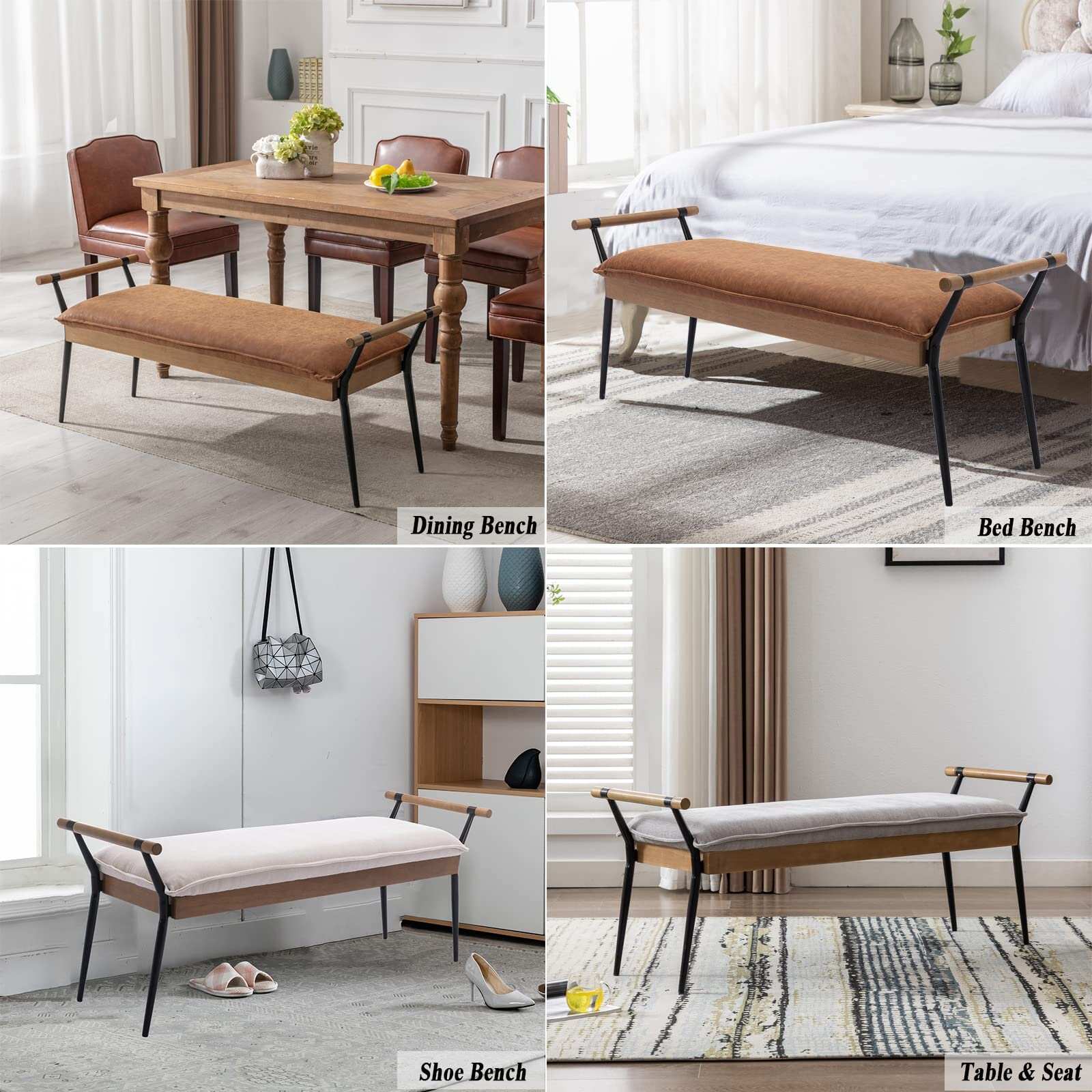 Modern Rectangle Ottoman Bench with Arms and Legs, Mid Century Chenille Fabric Dining Table Bench Footstool Entryway Shoe Bench