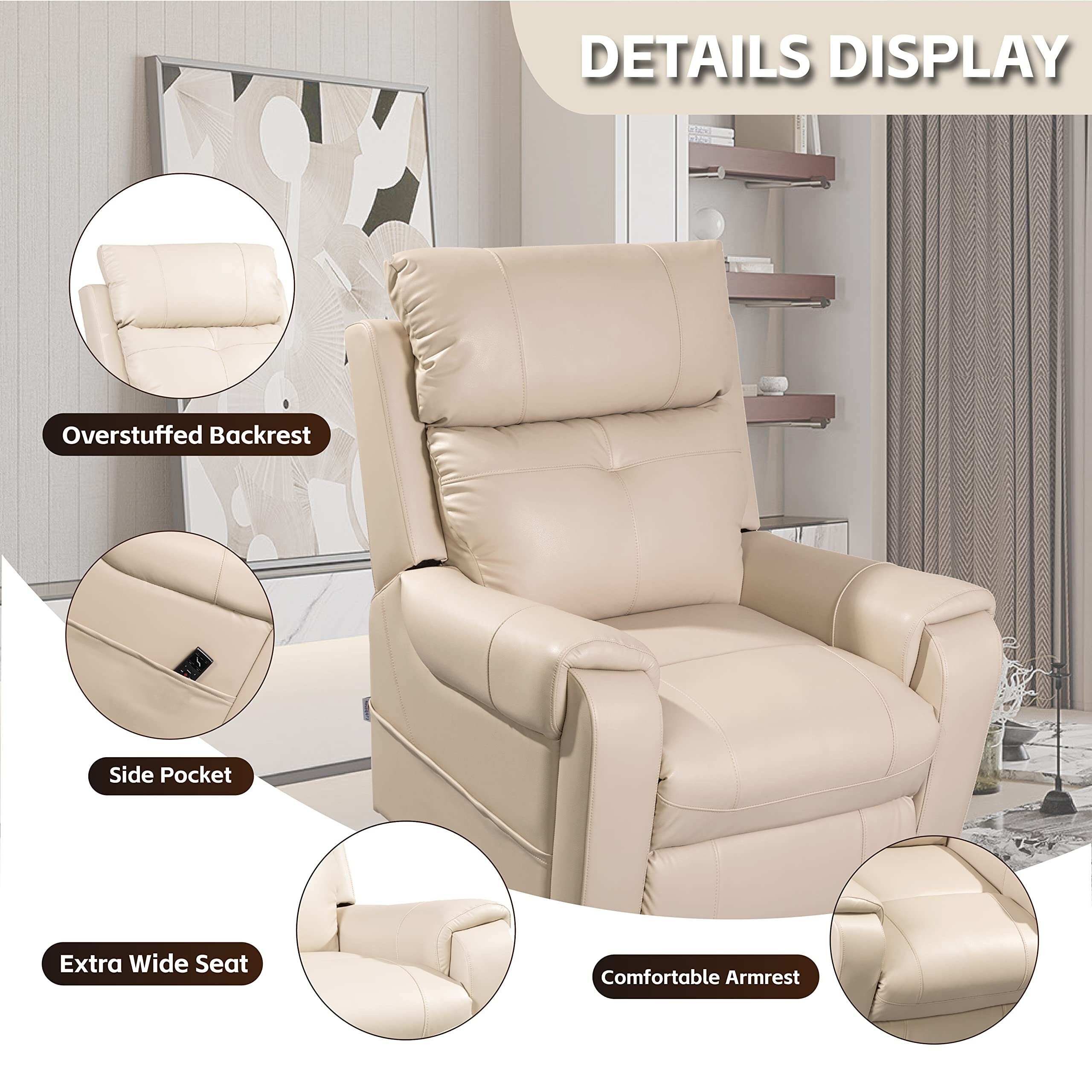 Beige Bonded Leather Zero-G Power Lift Recliner Chair Sofa with USB Port, Ultimate Comfort for Elderly