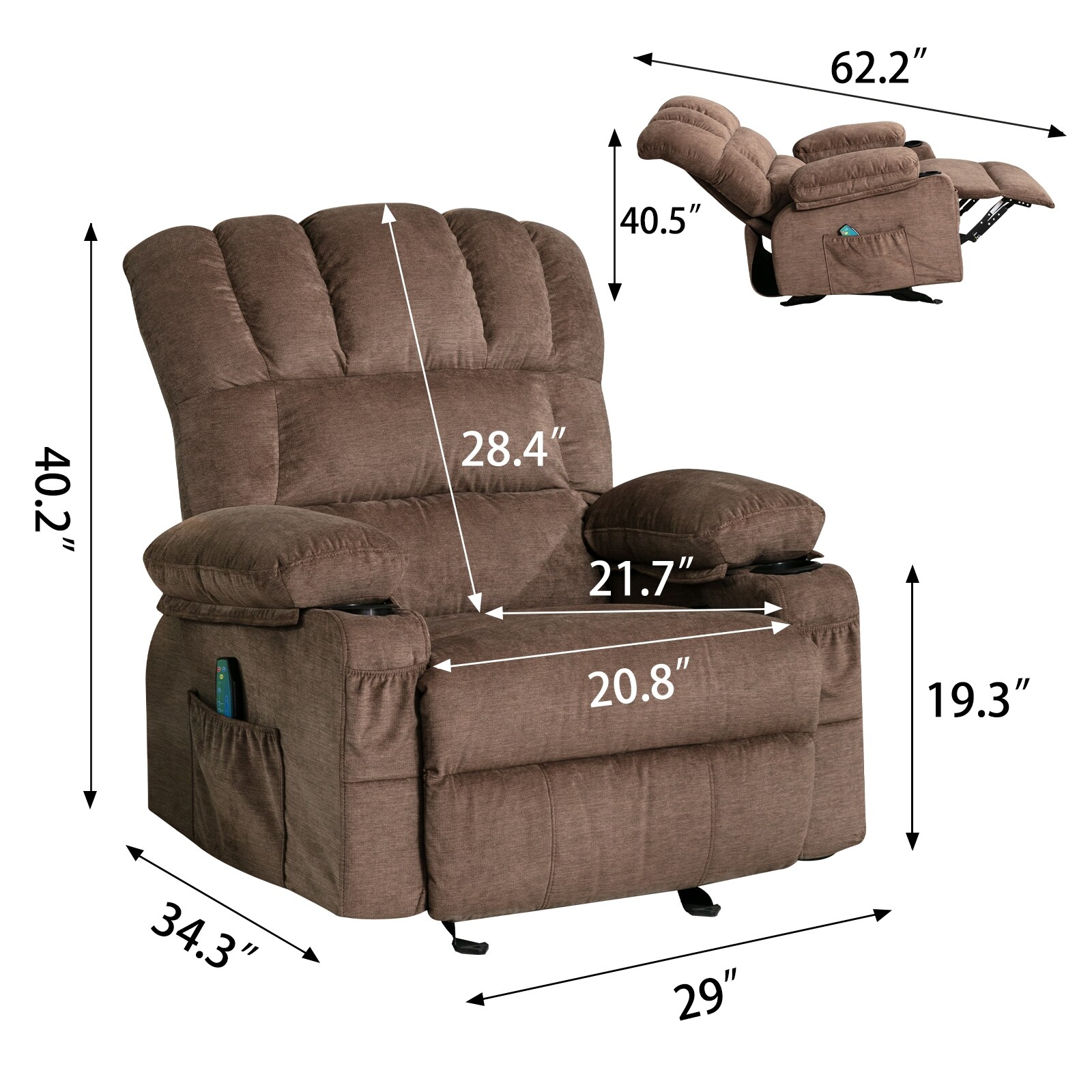 Brown Power Recliner Chair with Adjustable Rocking, Heating, and Massage