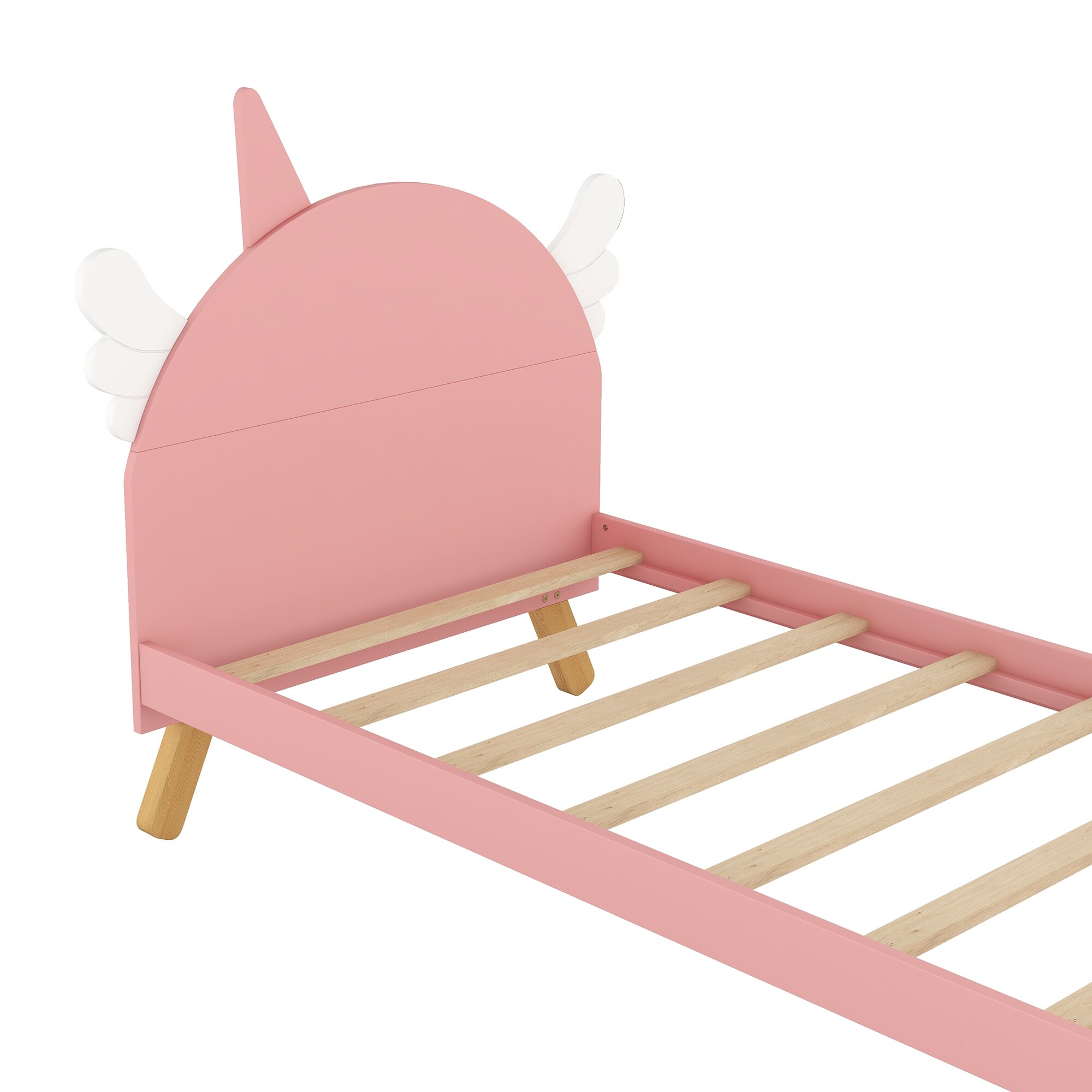 Pink Pink Unicorn Wooden Platform Bed with Unicorn Shape Headboard, Solid Pine Wood, Twin Size, Easy Assembly