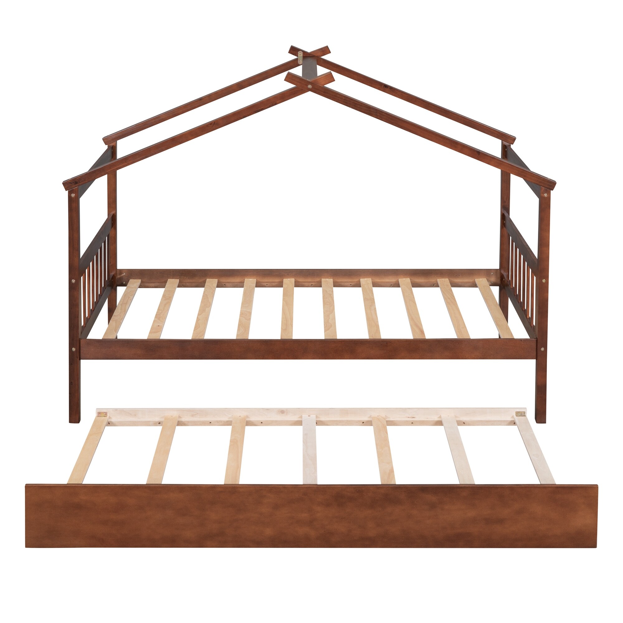 Walnut Whimsical House Bed, Twin Size Wooden House Bed with Trundle, Solid Pine Construction, Imaginative Design for Kids