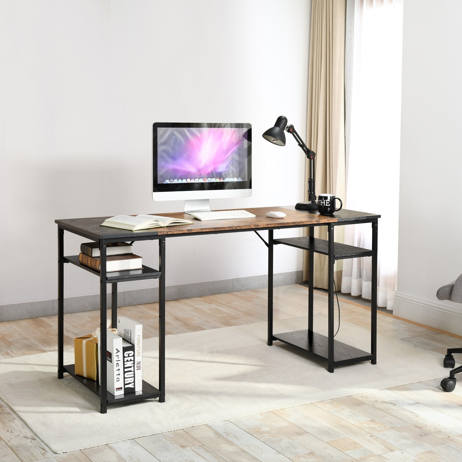 Computer Desk, 55 Inch Reversible Home Metal Office Desk with 4 Storage Shelves for Small Space, 55 inch Work Desk