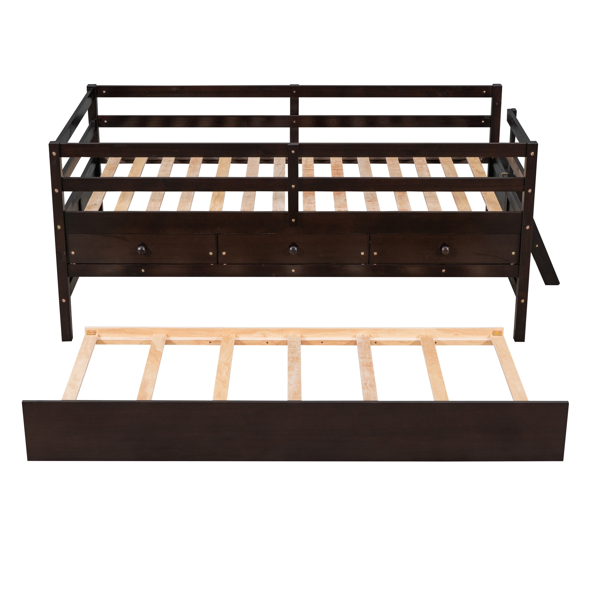 Twin Low Loft Bed with Trundle and Storage Drawers, Solid Wood Bed Frame with Full Safety Fence, Climbing Ladder for Girls Boys
