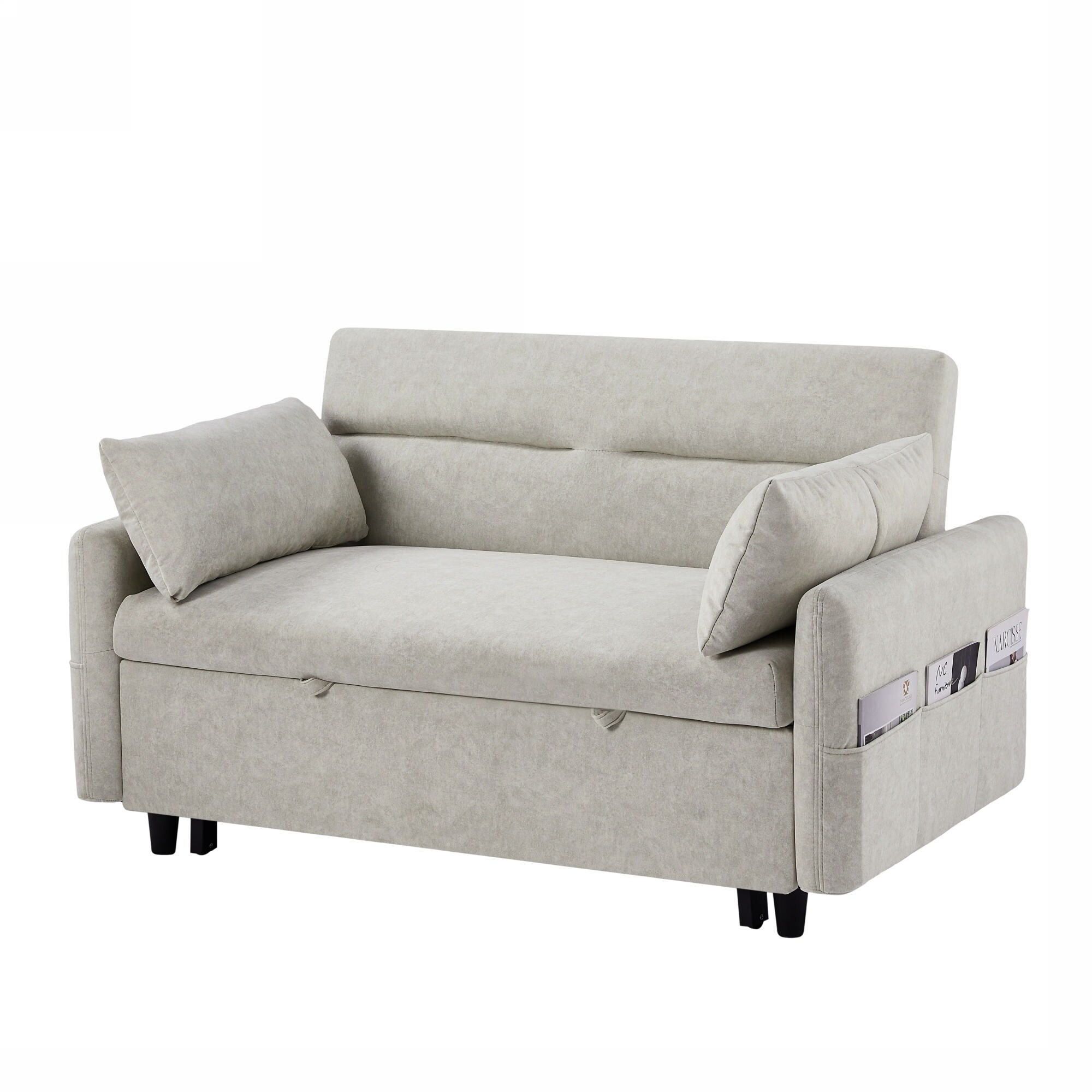 Microfiber Pull-Out Sofa Bed with Backrest, Pockets, Pillows