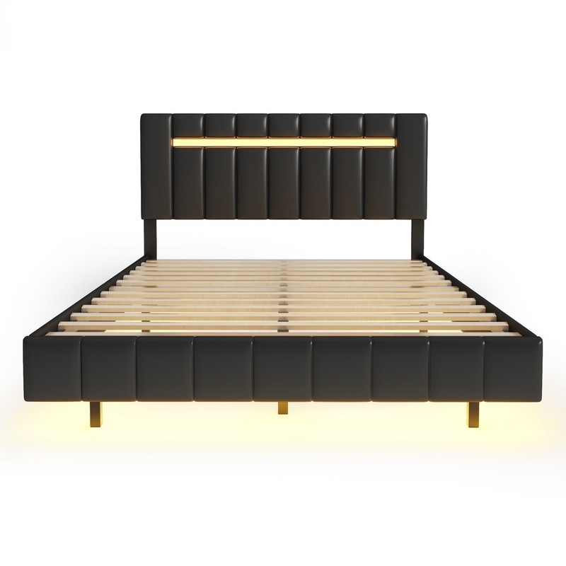 Queen Size Floating Bed Frame, Upholstered Platform LED Bed w/USB Charging