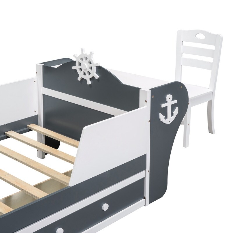Boat-Shaped Platform Bed with Chair,Desk and 2 Drawers,Twin Size