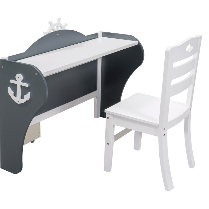 Twin Size Boat-Shaped Platform Bed with Two Drawers with Desk and Chair for Kids Bedroom