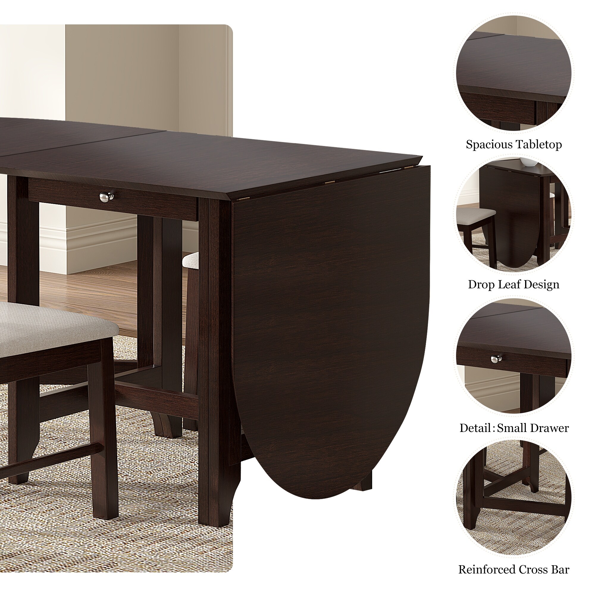 Drop-Leaf Table Dining Table Breakfast Nook with Small Drawer