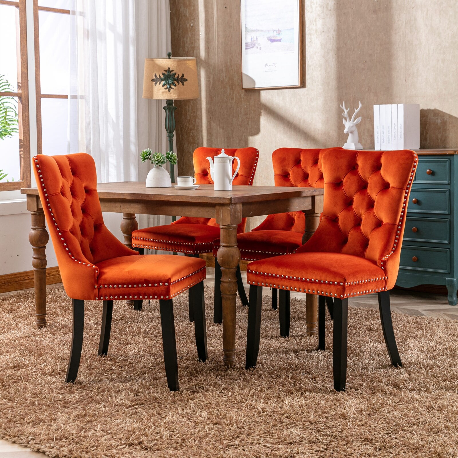 Velvet Upholstered Dining Chair with Nailhead Trim, Set of 2