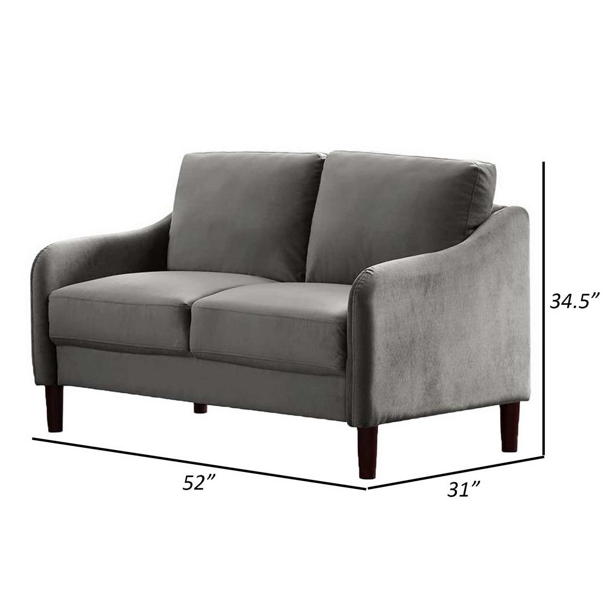 Foz 52 Inch Loveseat, Sloped Arms, Round Tapered Legs, Gray Flannelette