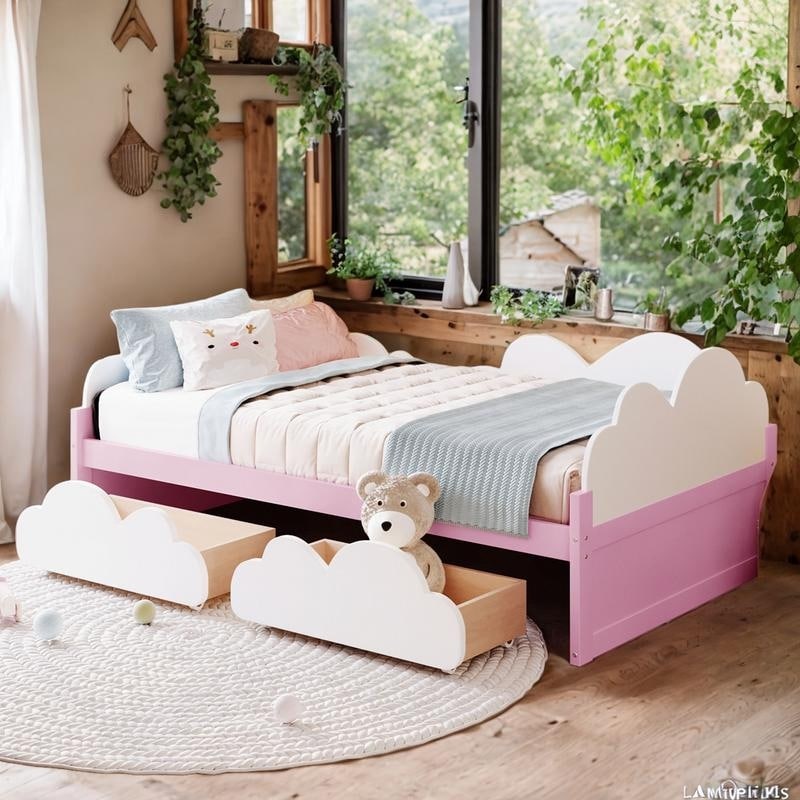 Twin Fairy Bed Platform Bed with 2 Drawers Rainbow Clouds and Sunflower Decor