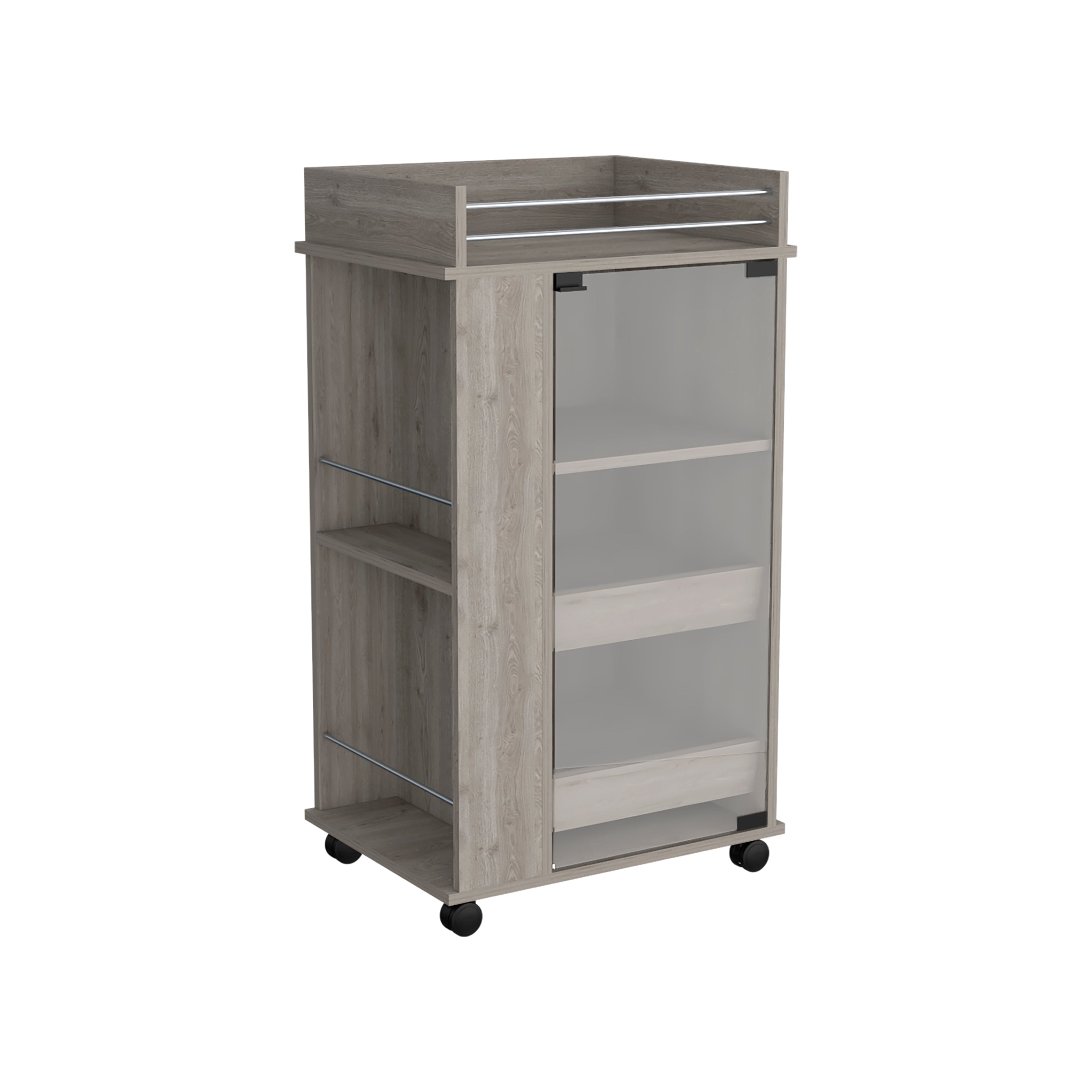 Rolling Kitchen Bar Cart with Glass Door 2-Side Shelves and Casters Solid Wood Table Top Lockable Wheels Wine Glass Holder