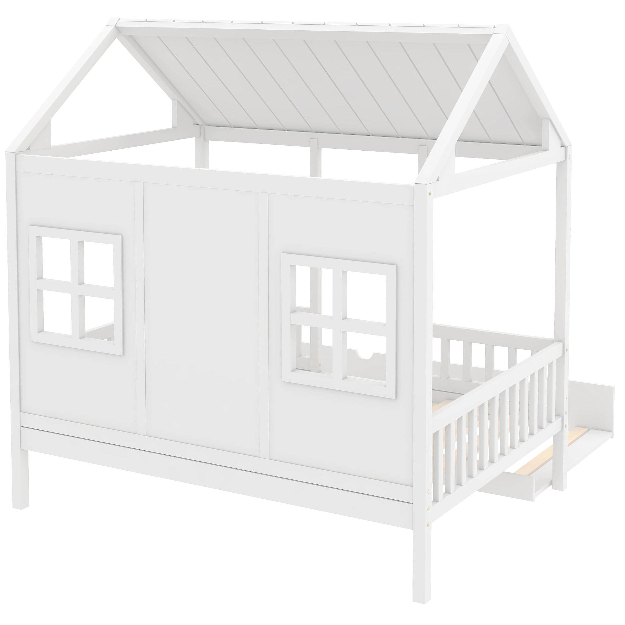 Full Size Wood House Bed with Twin Size Trundle, Supported By Wooden Boards and Equipped with Safety Barriers