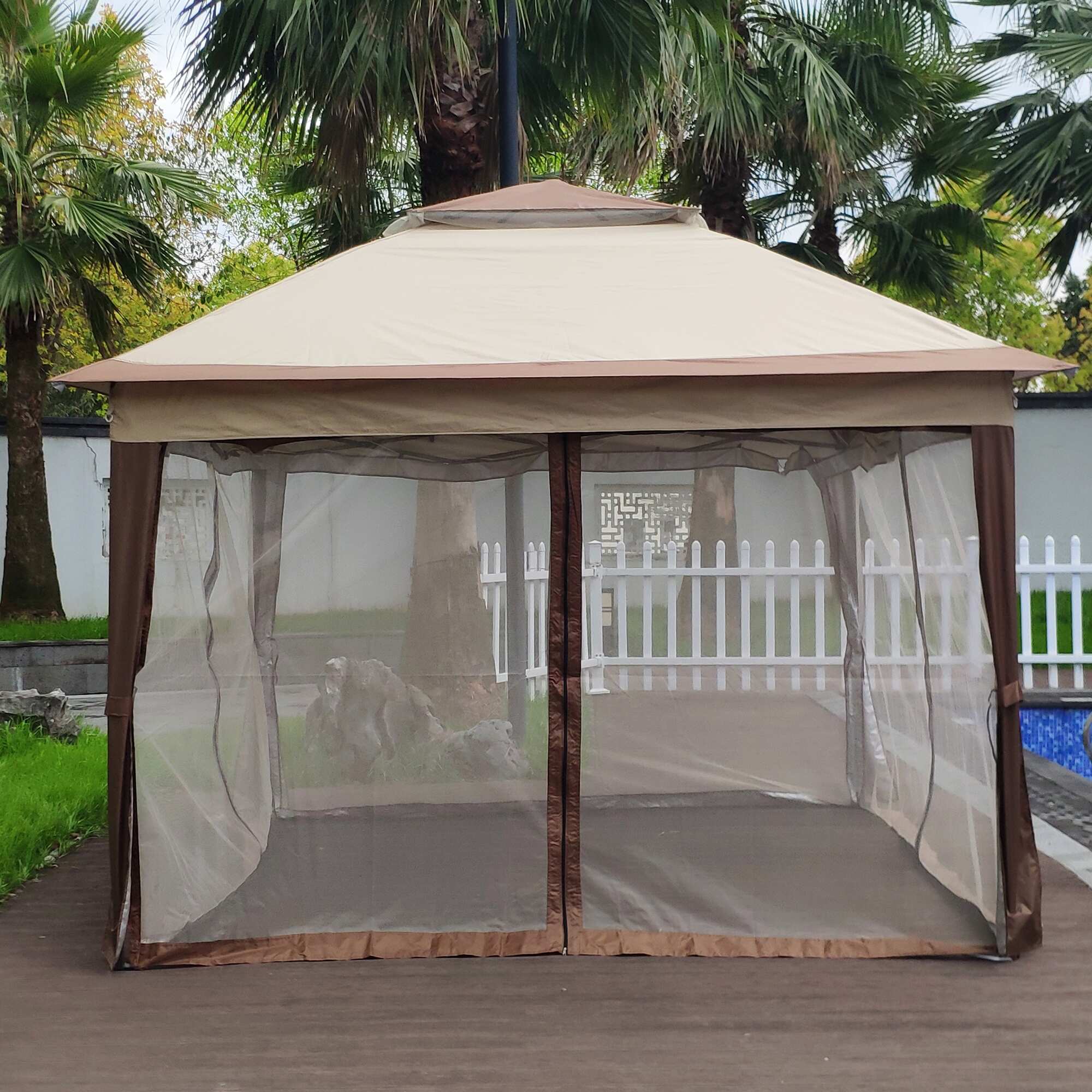 11ft x 11ft Gazebo Canopy with Removable Zipper Netting, 2-Tier Soft Top Event Tent for Patio, Backyard,Coffee