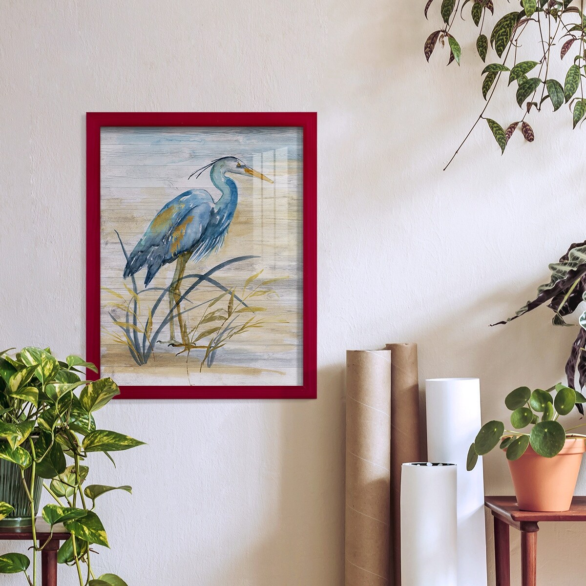 Blue Heron I -Framed Print w/glass-Cherry Red
