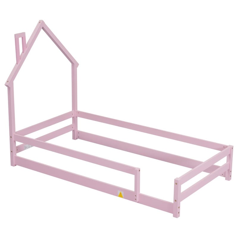 Twin Size Wood Floor Bed with Fences, House-shaped Headboard, Platform Bed with Guardrails