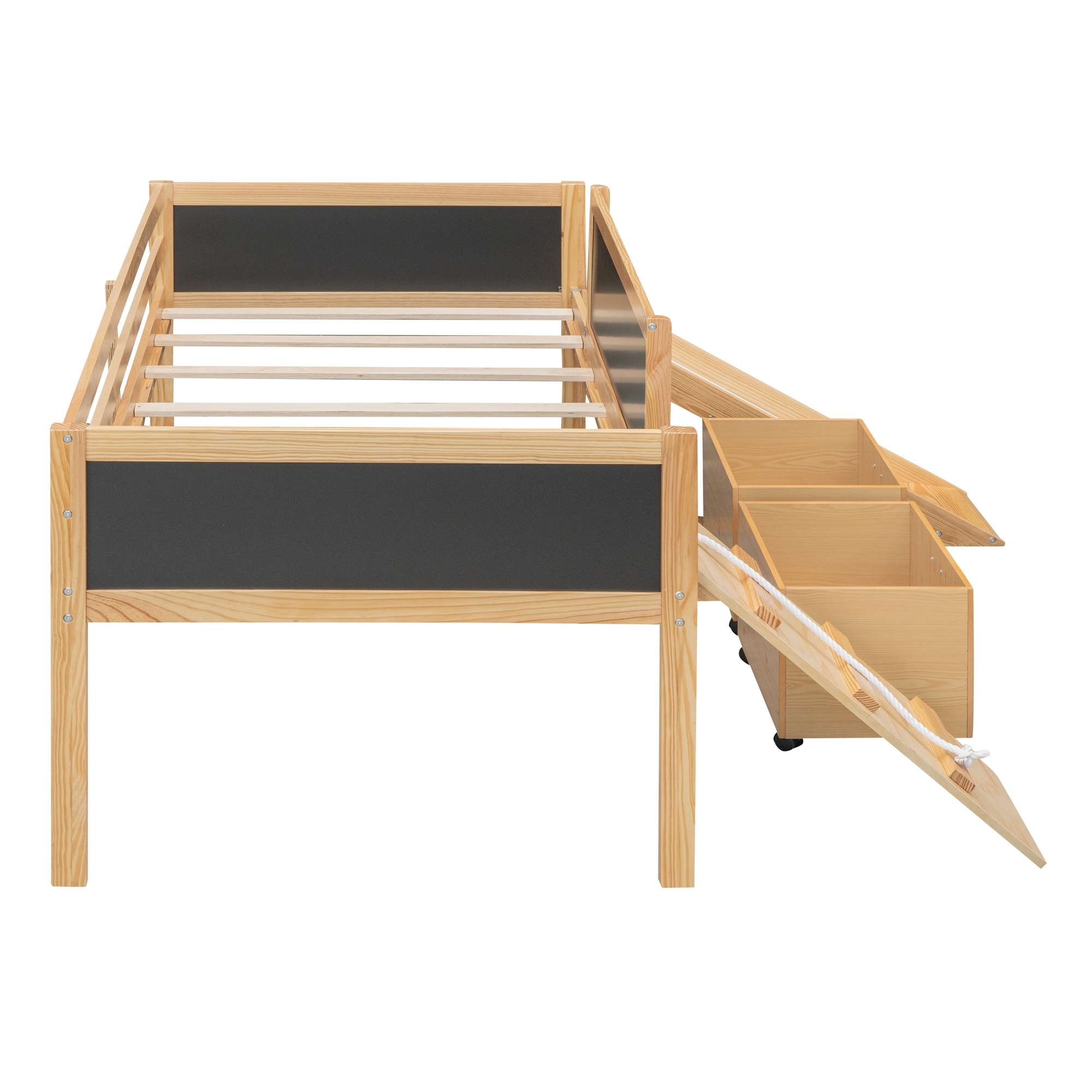 Twin Low Loft Bed with 2 Boxes, Slide, Climbing Ladder and Blackboard