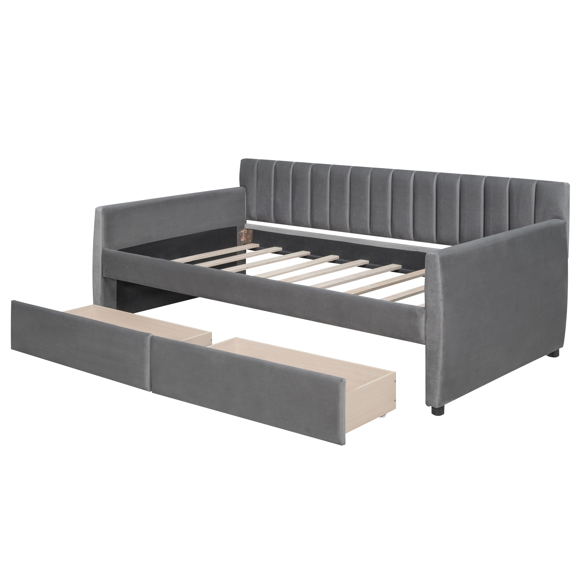 Twin Size Velvet Upholstered Daybed with Drawers and Wood Slat Support, Gray