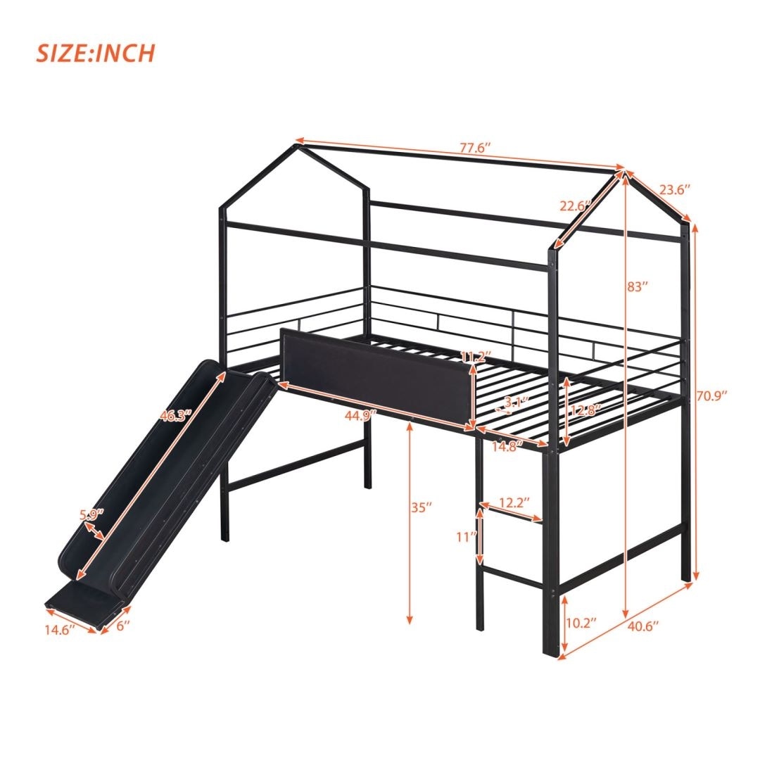 Black Twin Size Metal Loft Bed with Two-sided writable