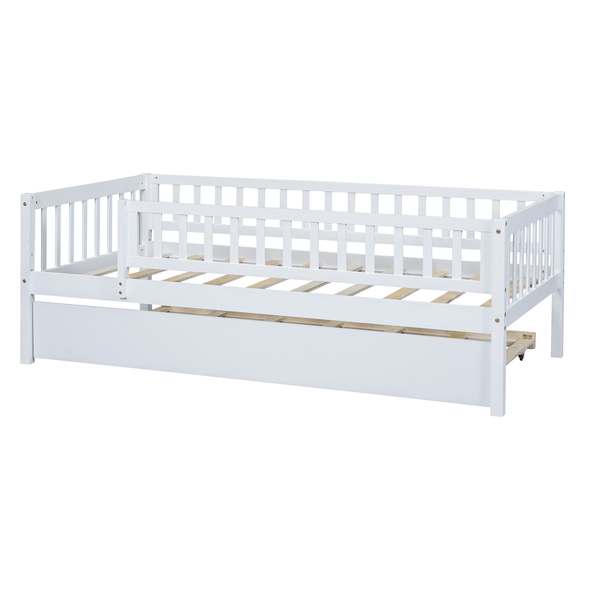 Twin Size Wood Daybed with Trundle Fence Guardrails for Kids - No Box Spring Needed, Easy Assembly - Gray