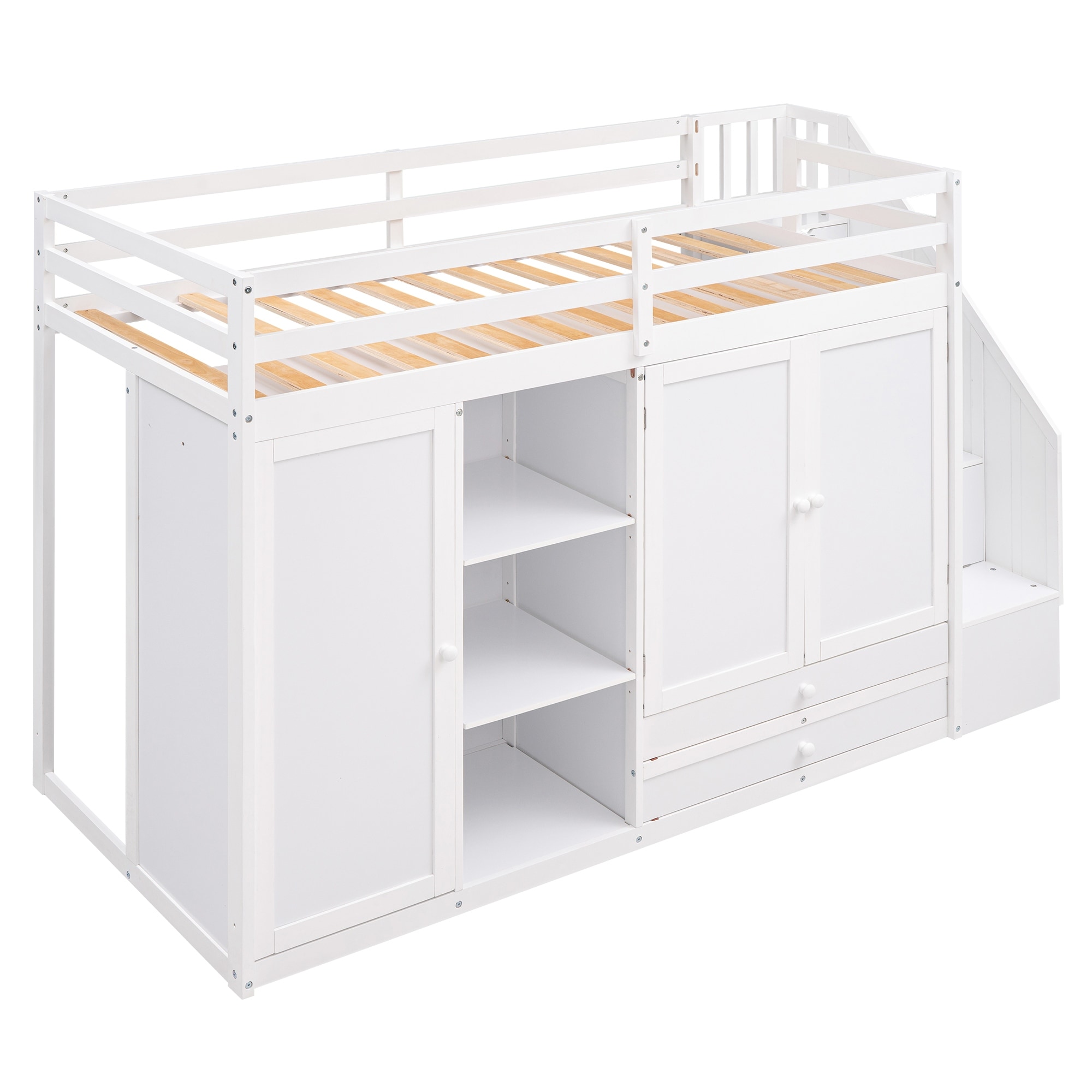 Functional Loft Bed with 3 Shelves and 2 Wardrobes & 2 Drawers, Ladder with Storage