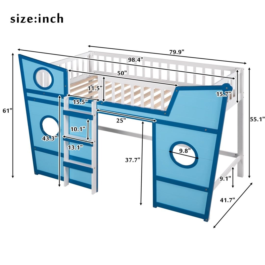 Blue Twin Size Boat Shape Loft Bed with Ladder