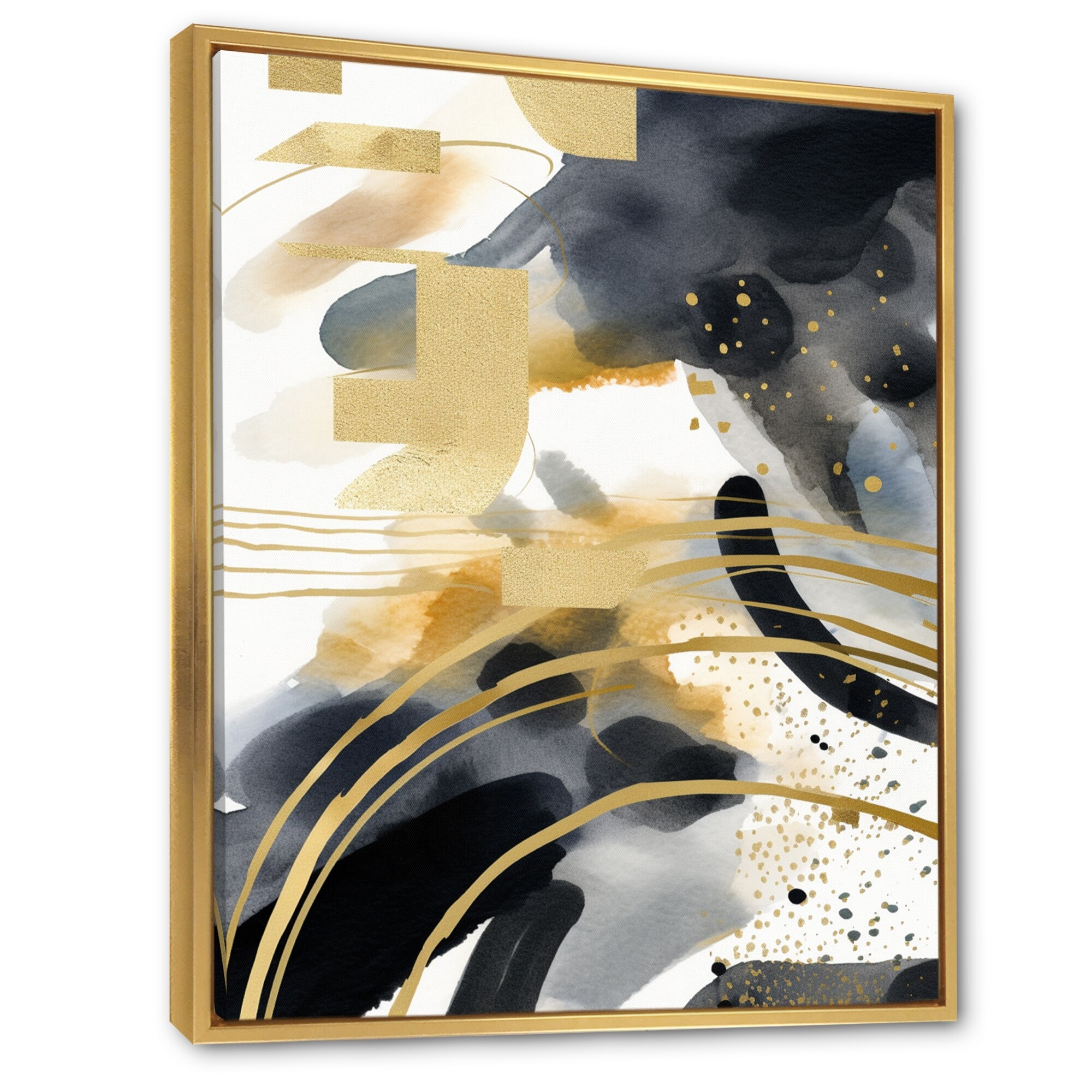Designart "Pastel Abstract With Blue Black & Gold Spots III" Fractals Framed Canvas Prints